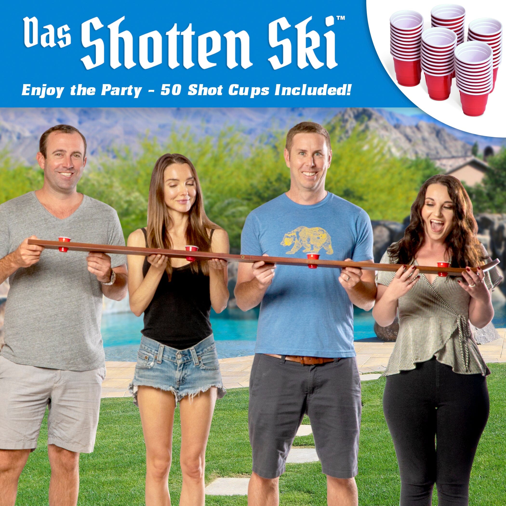 a group of people standing in front of a pool