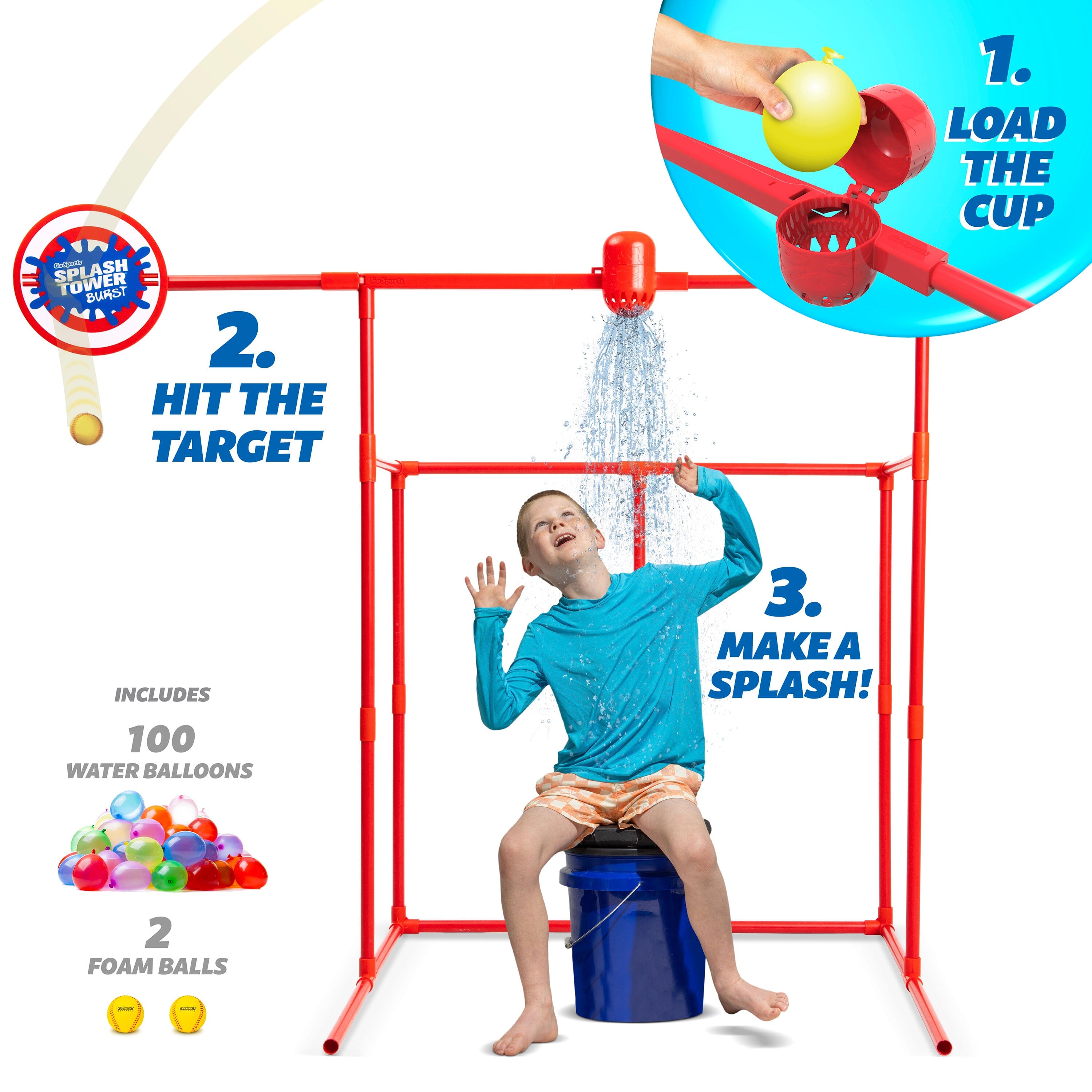 GoSports Backyard Water Toy Game for Kids & Adults - Splash Tower Burst Water Balloon Dunk Tank GoSports