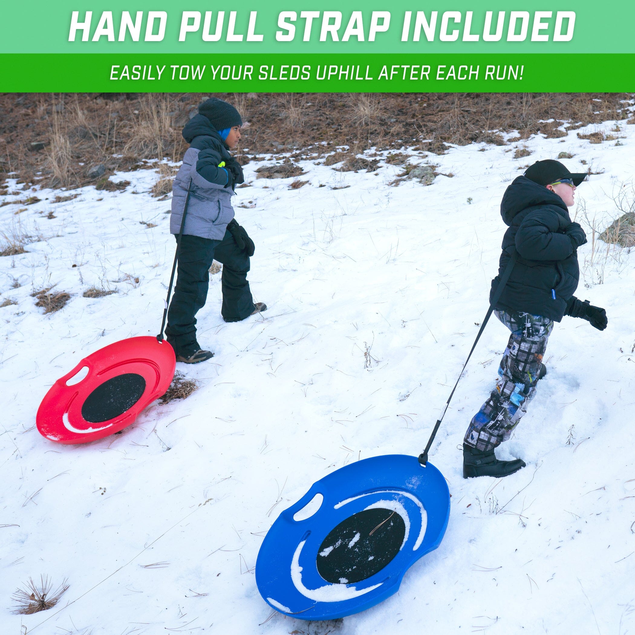 GoSports 29" Heavy Duty Winter Snow Saucer with Padded Seat and Hand Pull Strap - 2 Pack -Red/Blue Sleds GoSports