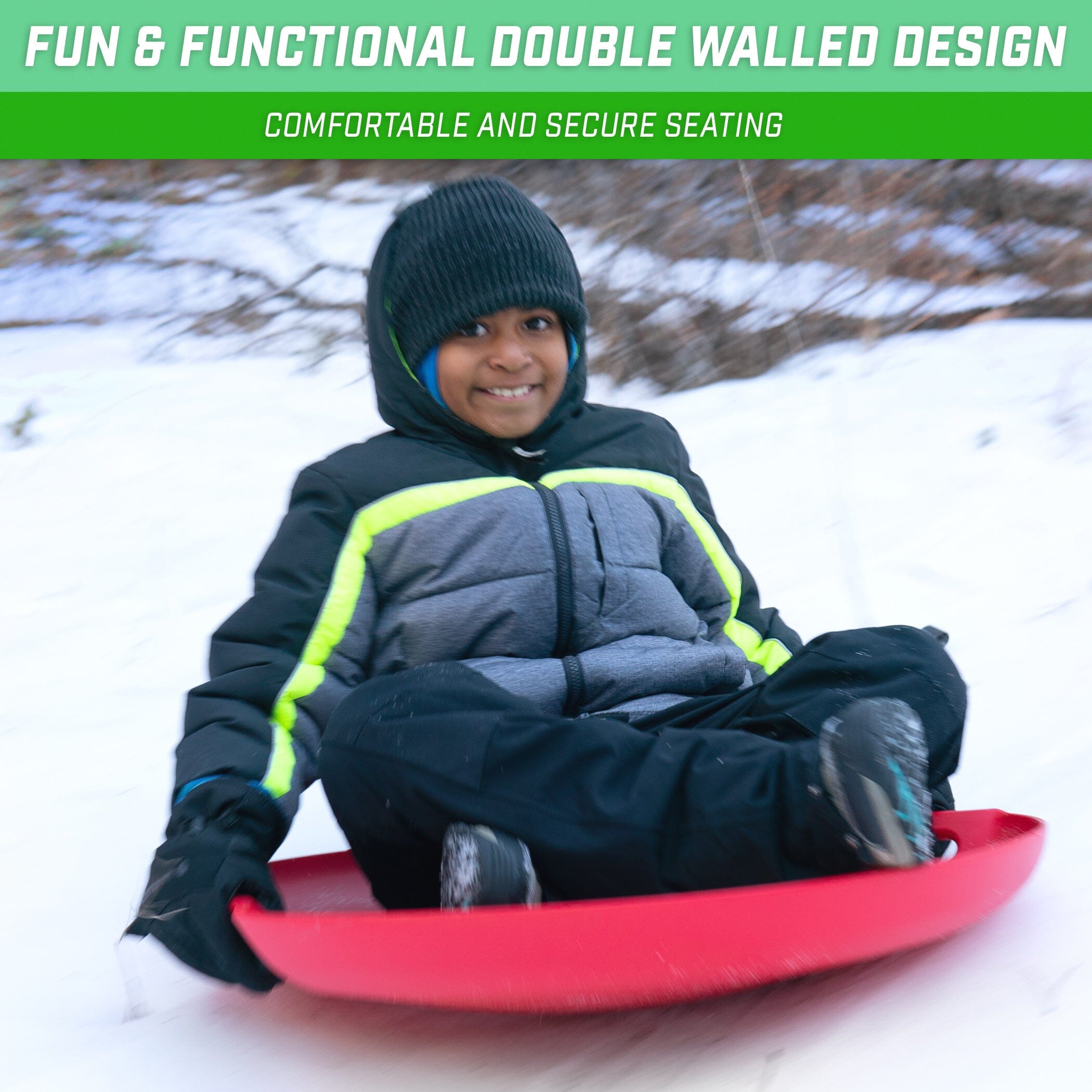 GoSports 2 Person Premium Snow Sled - Choose Red or Blue - Double Walled Construction, Pull Strap and Padded Seat Sleds GoSports