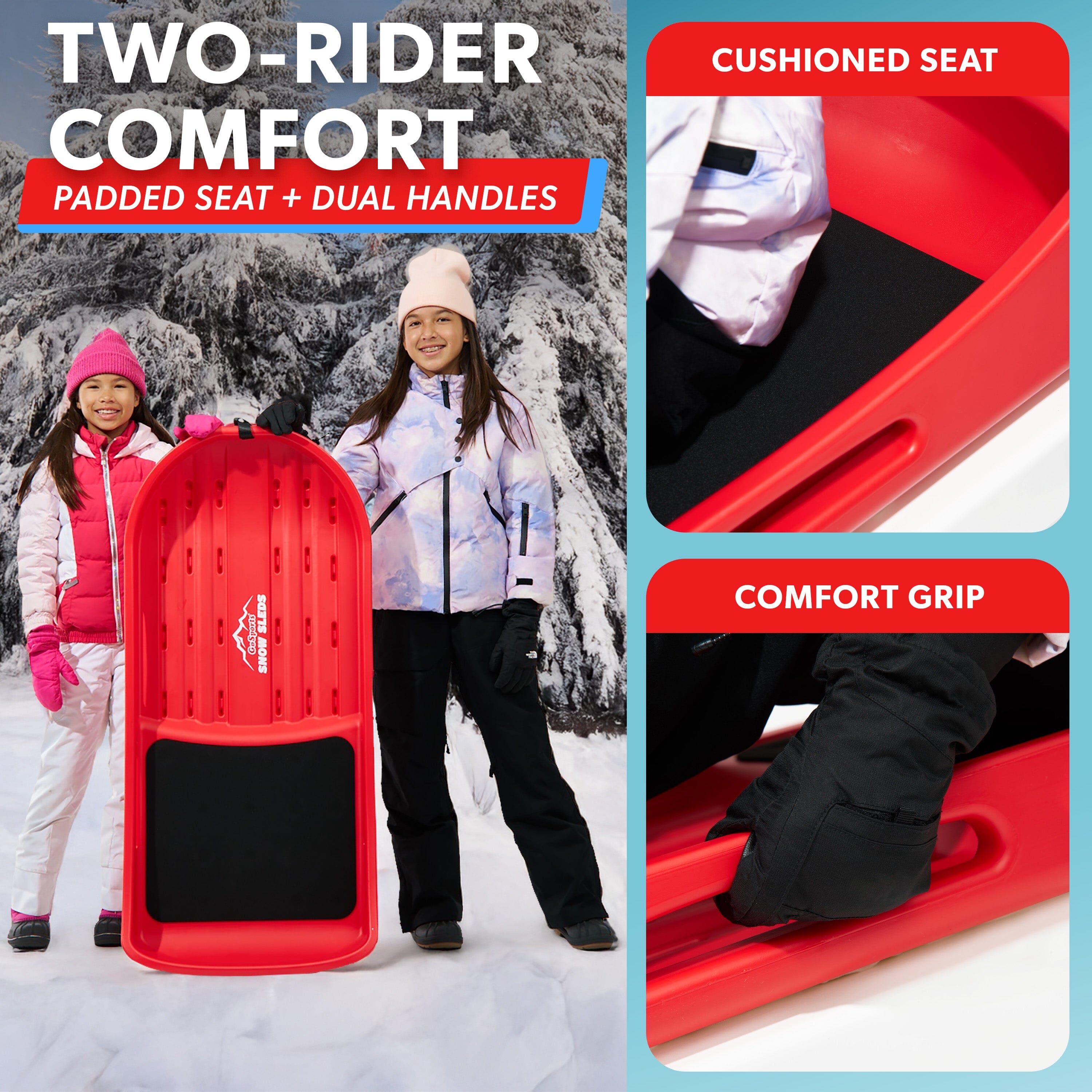 GoSports 2 Person Premium Snow Sled - Choose Red or Blue - Double Walled Construction, Pull Strap and Padded Seat Snow Sled GoSports