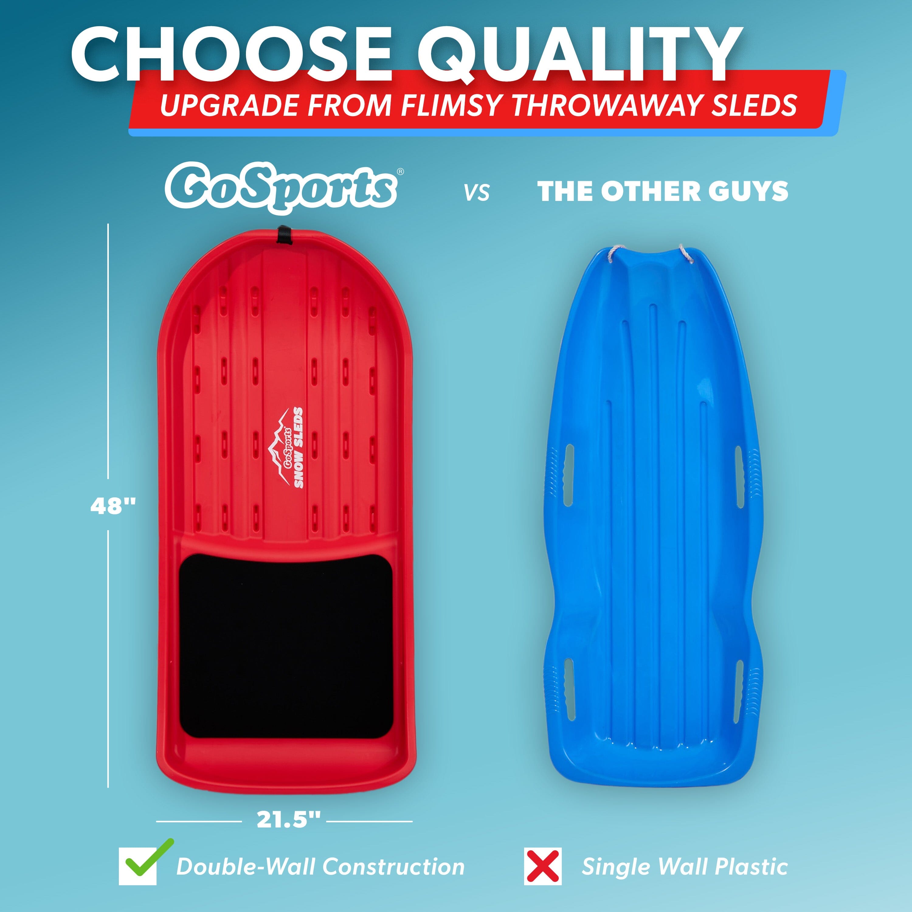 GoSports 2 Person Premium Snow Sled - Choose Red or Blue - Double Walled Construction, Pull Strap and Padded Seat Snow Sled GoSports