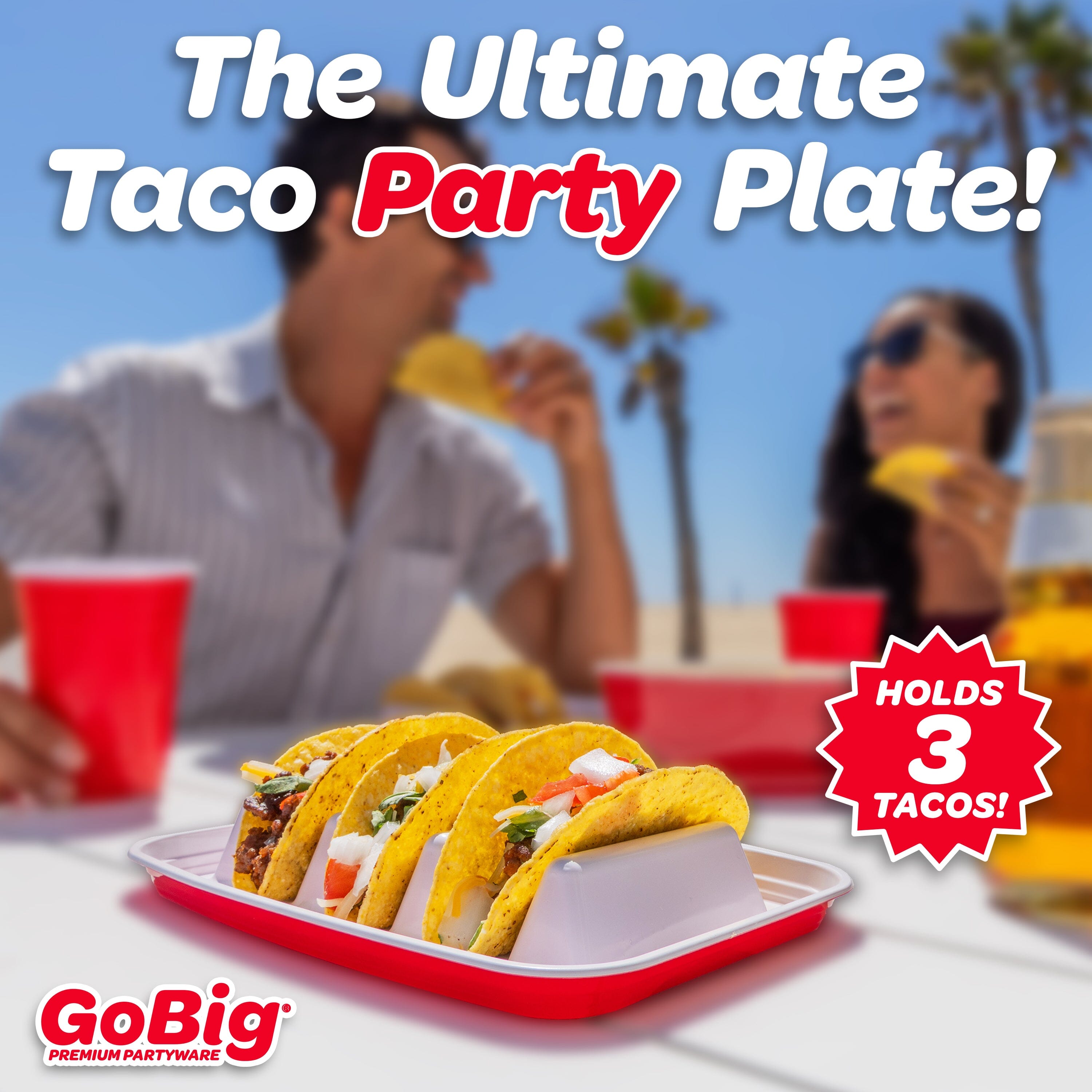 Taco party plate with 'The Ultimate Taco Party Plate' text and GoBig logo.