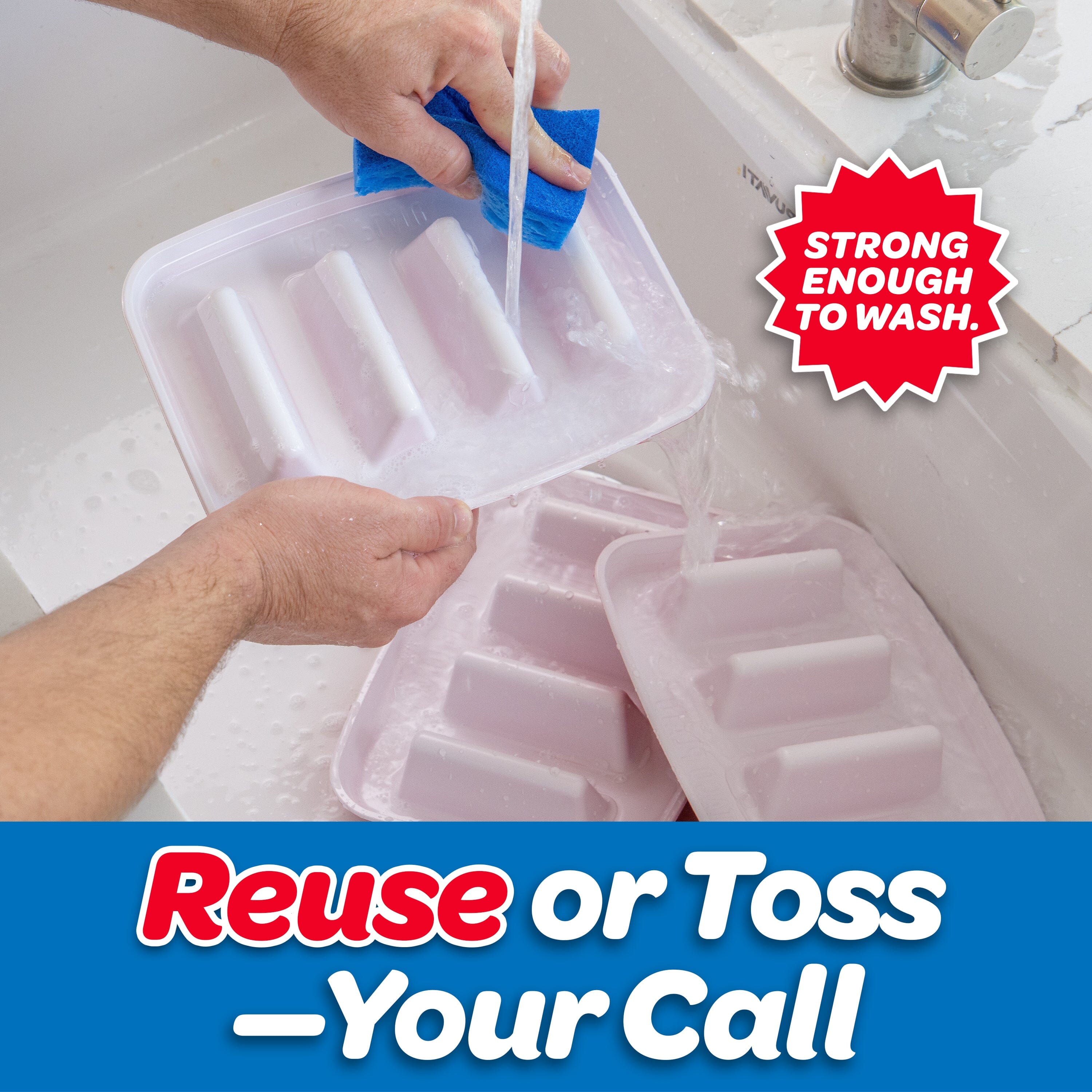 Person cleaning plastic taco trays with a brush under running water, with text about reuse or toss options.