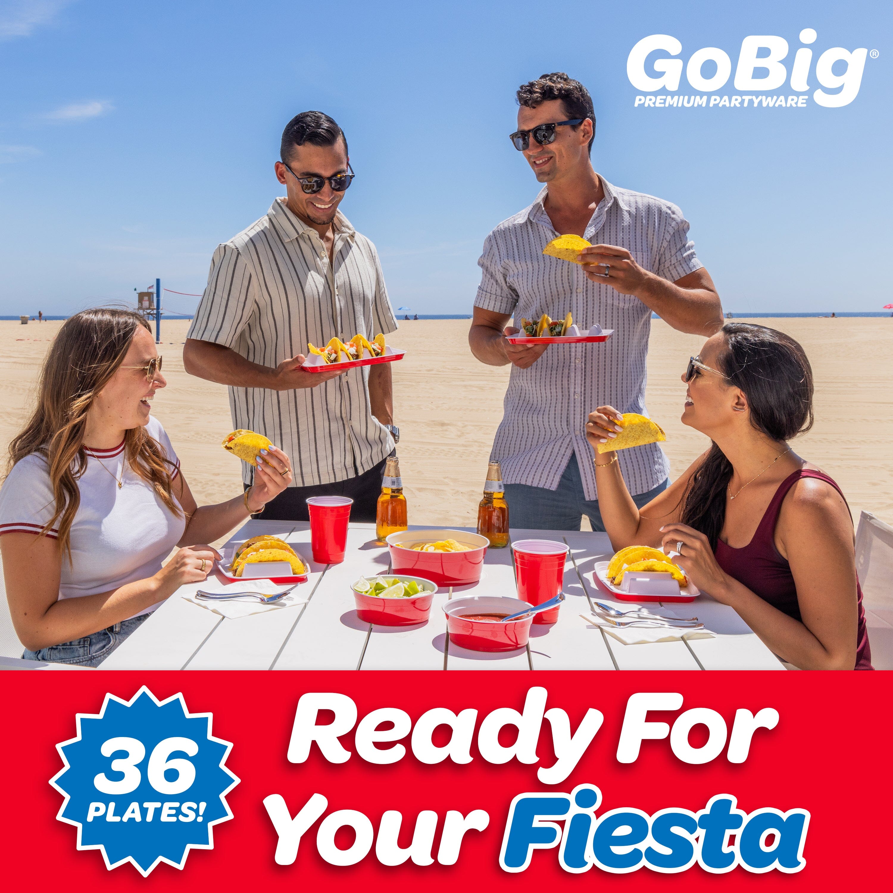 People enjoying a beach party with GoBig partyware branding taco plates and bowls. 36 Taco Plates