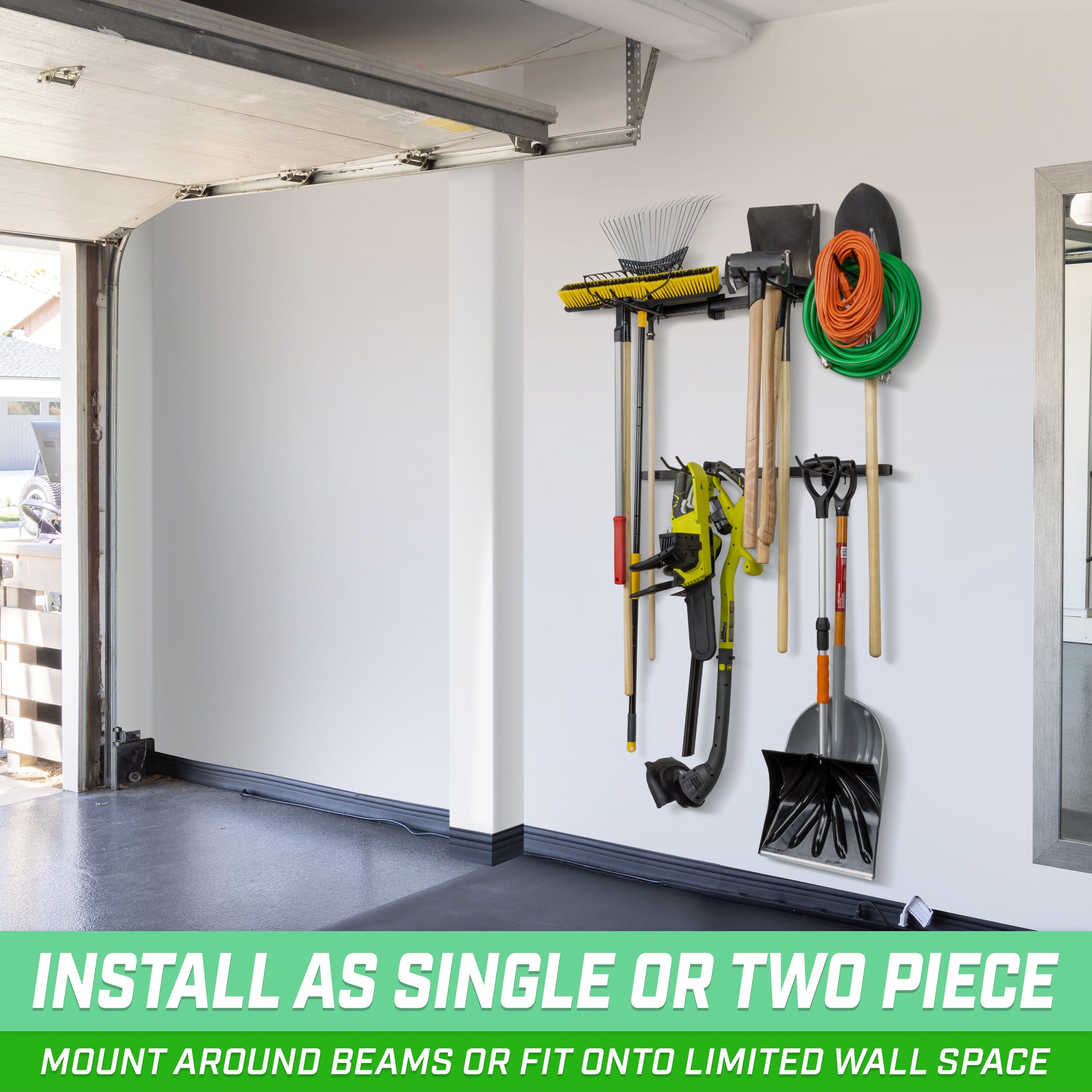 a garage with a bunch of tools hanging on the wall