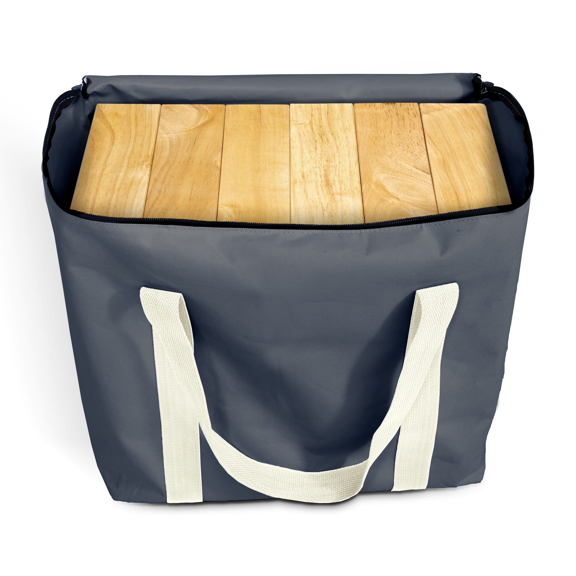 a large wooden cutting board with a black bag