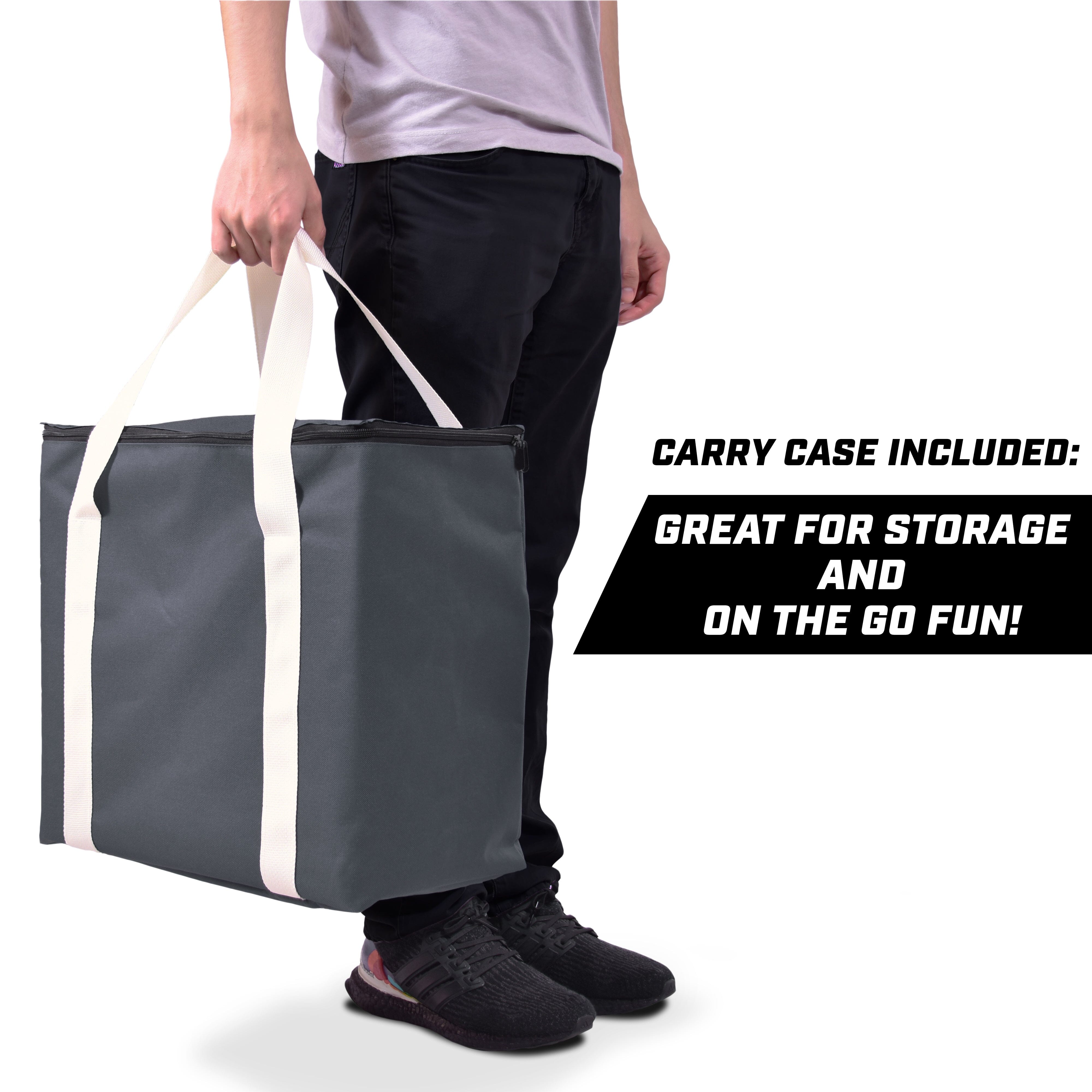 a man carrying a large gray bag with the words, carry include great storage on the go