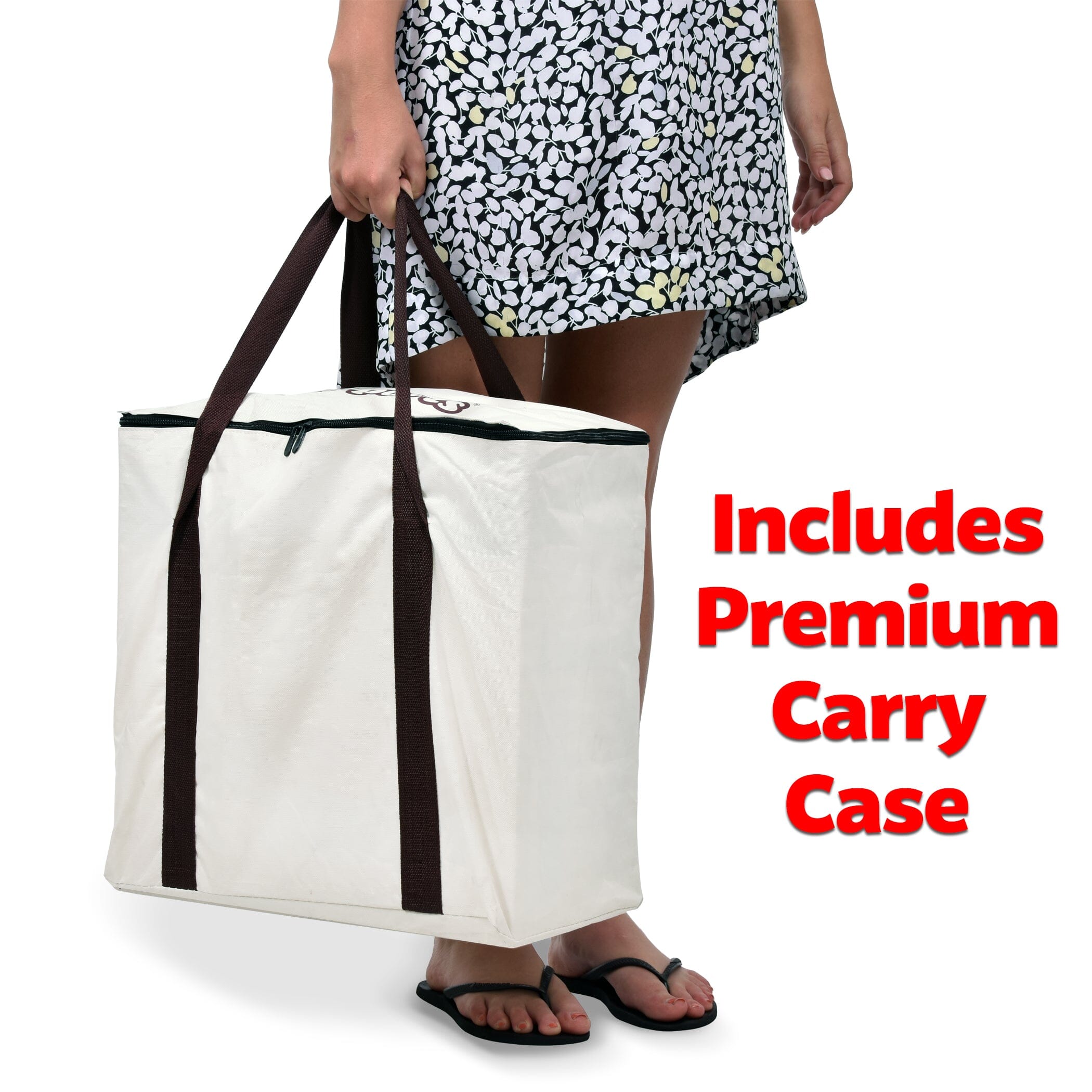 a woman holding a large white bag with a brown handle