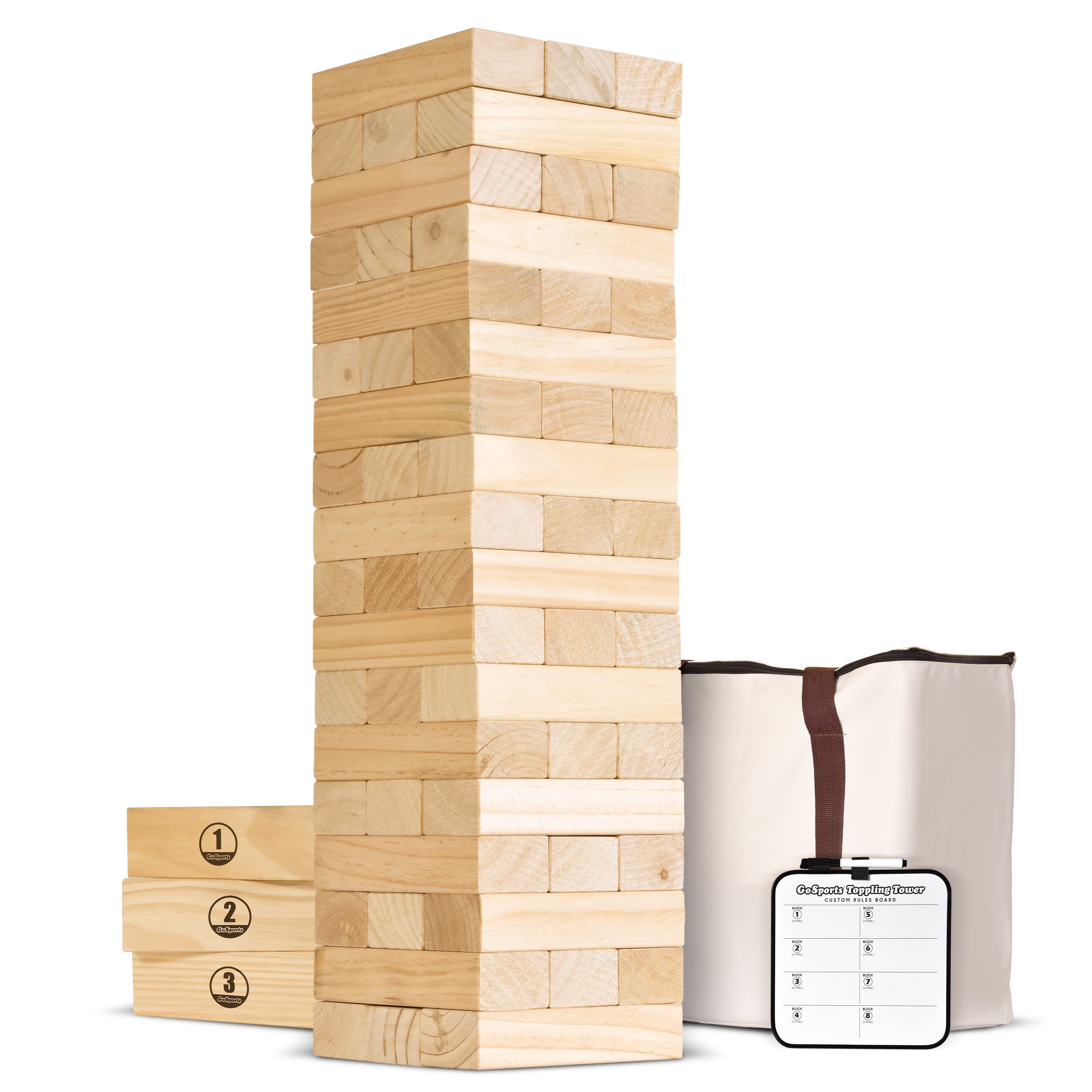a wooden block tower with a bag and a bag