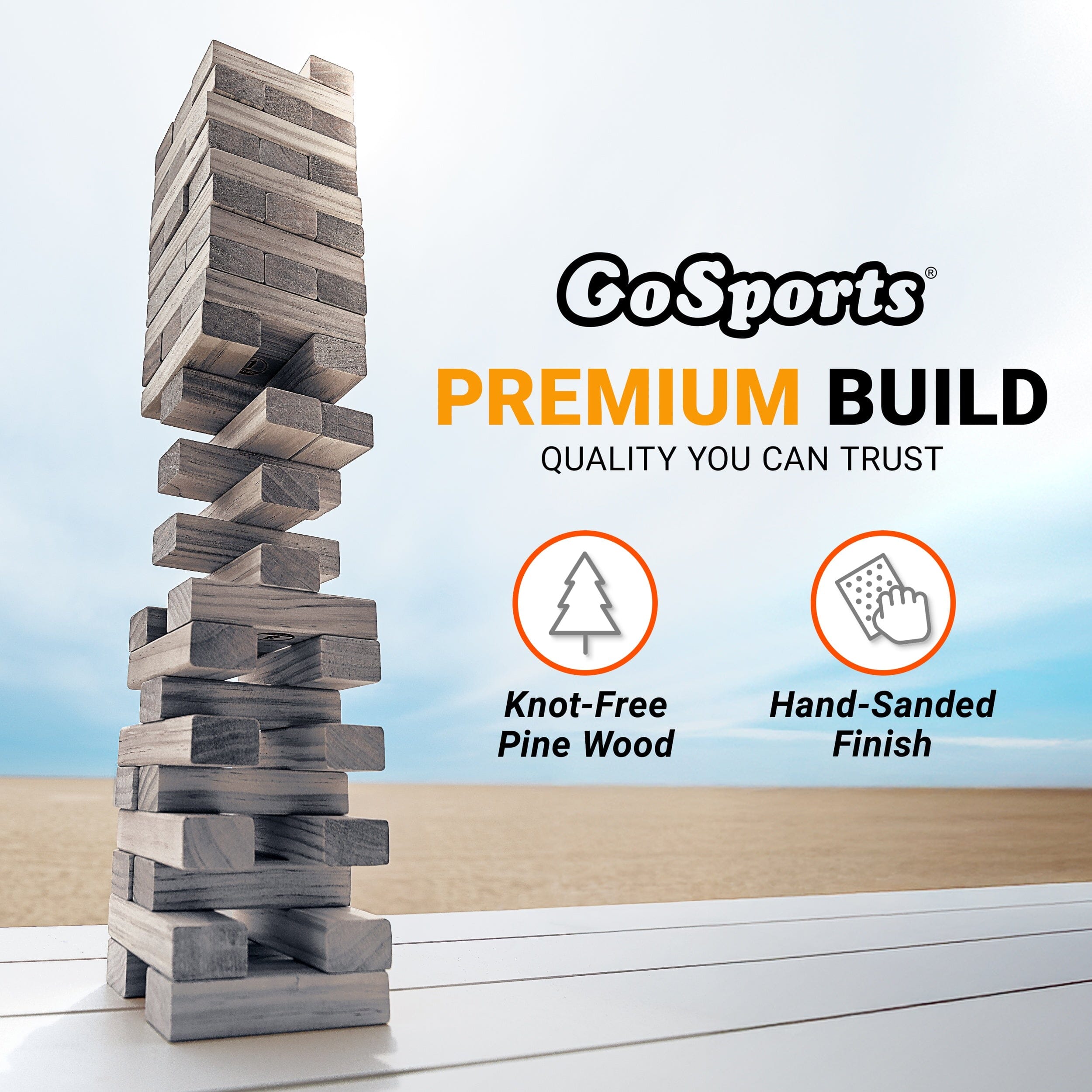 GoSports Toppling Tower - Large Wooden Stacking Games - Stacks Up to 3 ft - Gray Wood Stain Toppling Tower GoSports