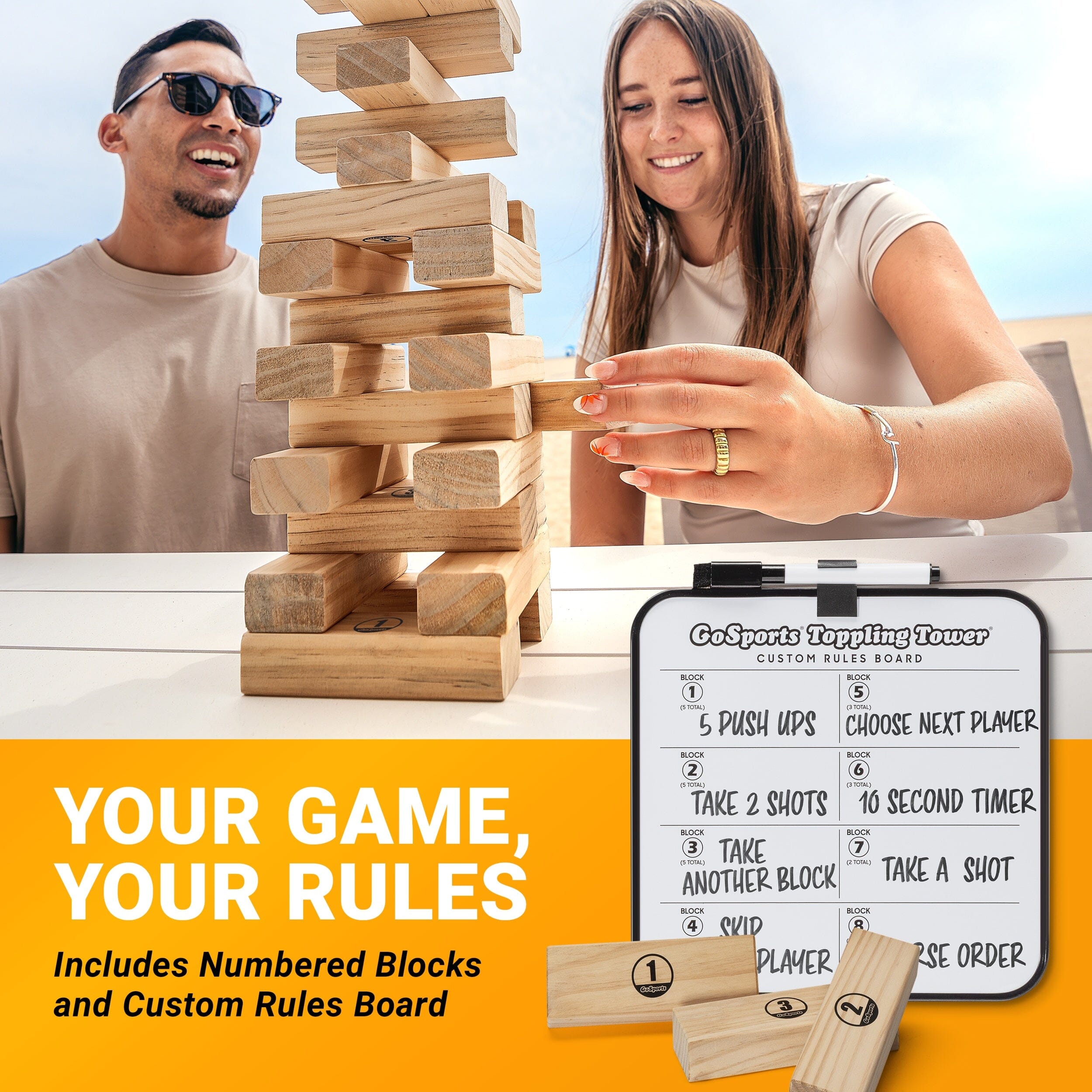 GoSports Toppling Tower - Large Wooden Stacking Games - Stacks Up to 3 ft - Natural Wood Toppling Tower GoSports