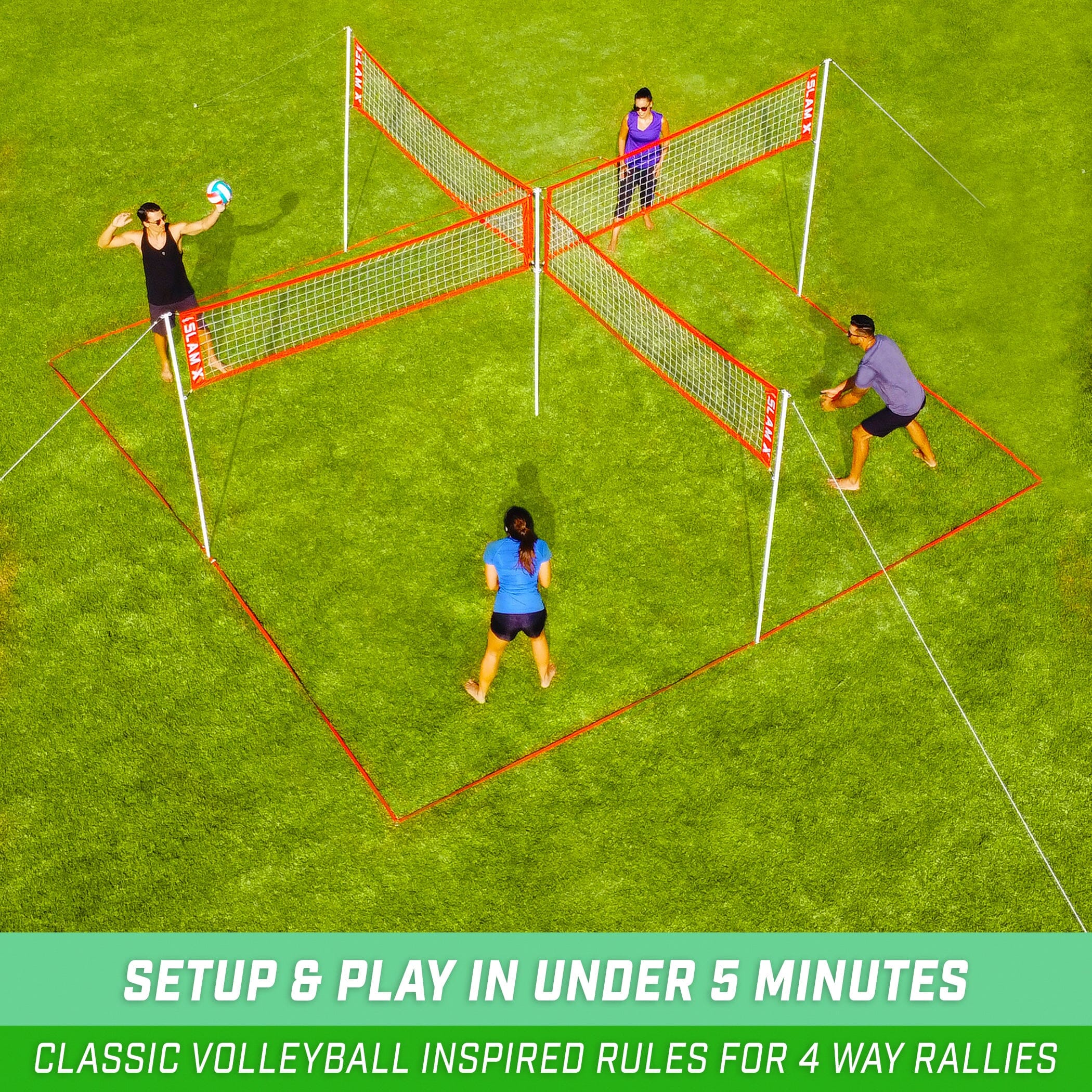 a group of people playing volleyball on a field