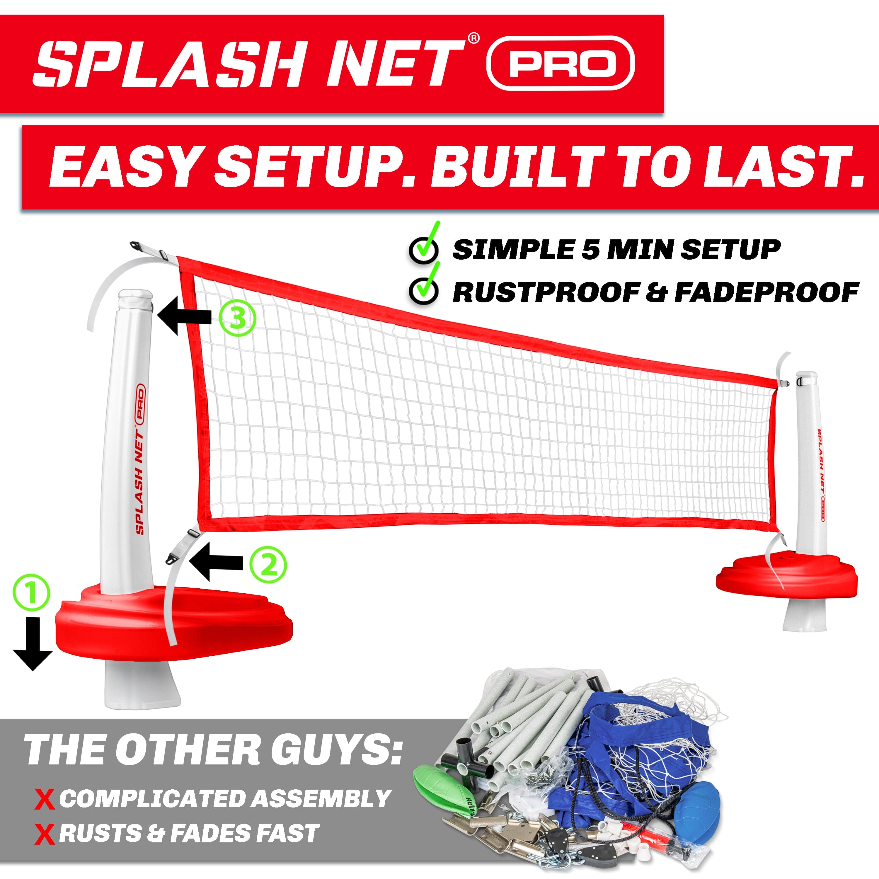 GoSports Splash Net PRO Pool Volleyball Net - Red, White, or Blue - Includes 2 Water Volleyballs and Pump Volleyball GoSports