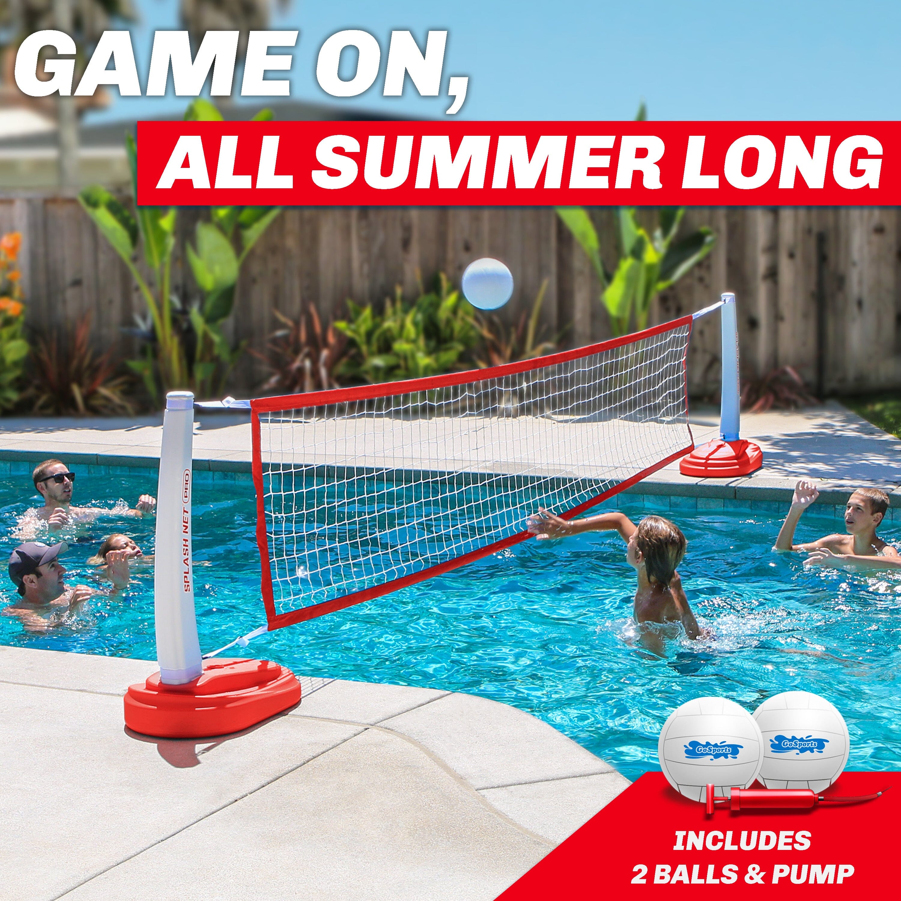GoSports Splash Net PRO Pool Volleyball Net - Red, White, or Blue - Includes 2 Water Volleyballs and Pump Volleyball GoSports