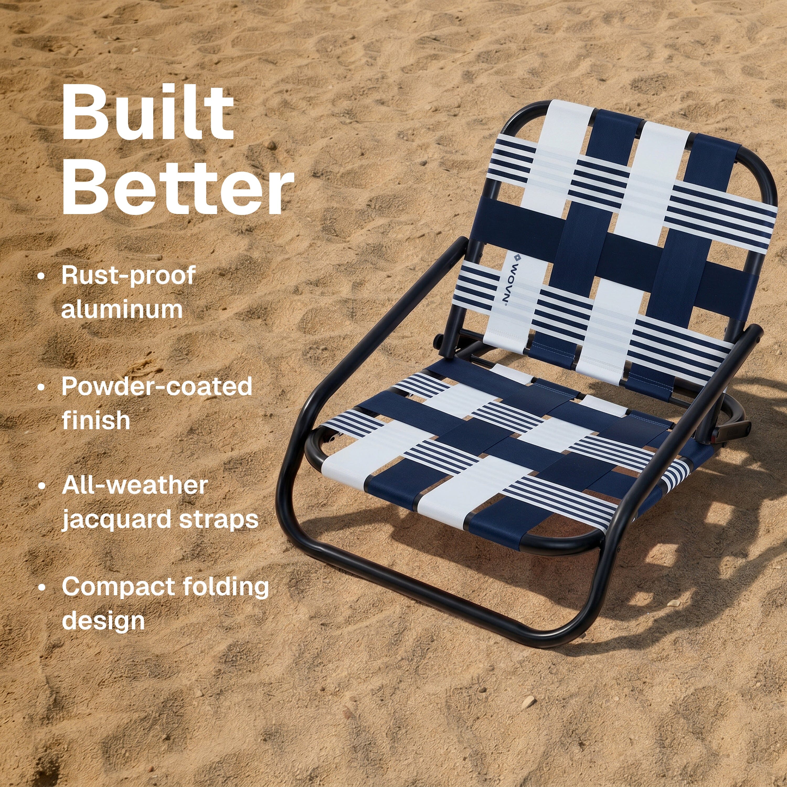 WOVN Low Beach Chairs - Premium Folding Beach Chair for Adults - Low Profile, Super Lightweight with Portable Shoulder Strap - Great for Sand and Lawn - Baja Playgosports.com