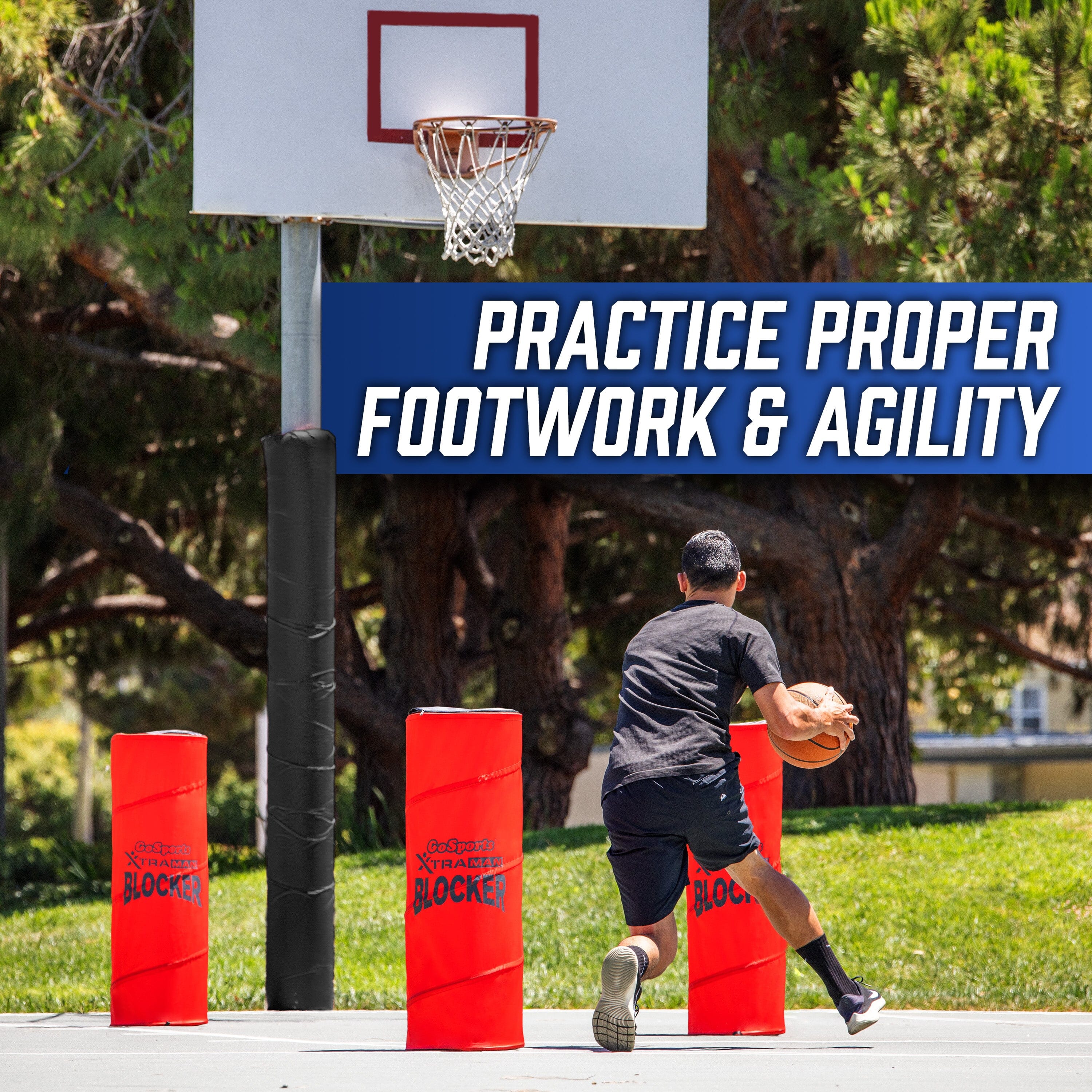 Person practicing basketball drills with red xtrman blocker lte and a basketball hoop in the background.