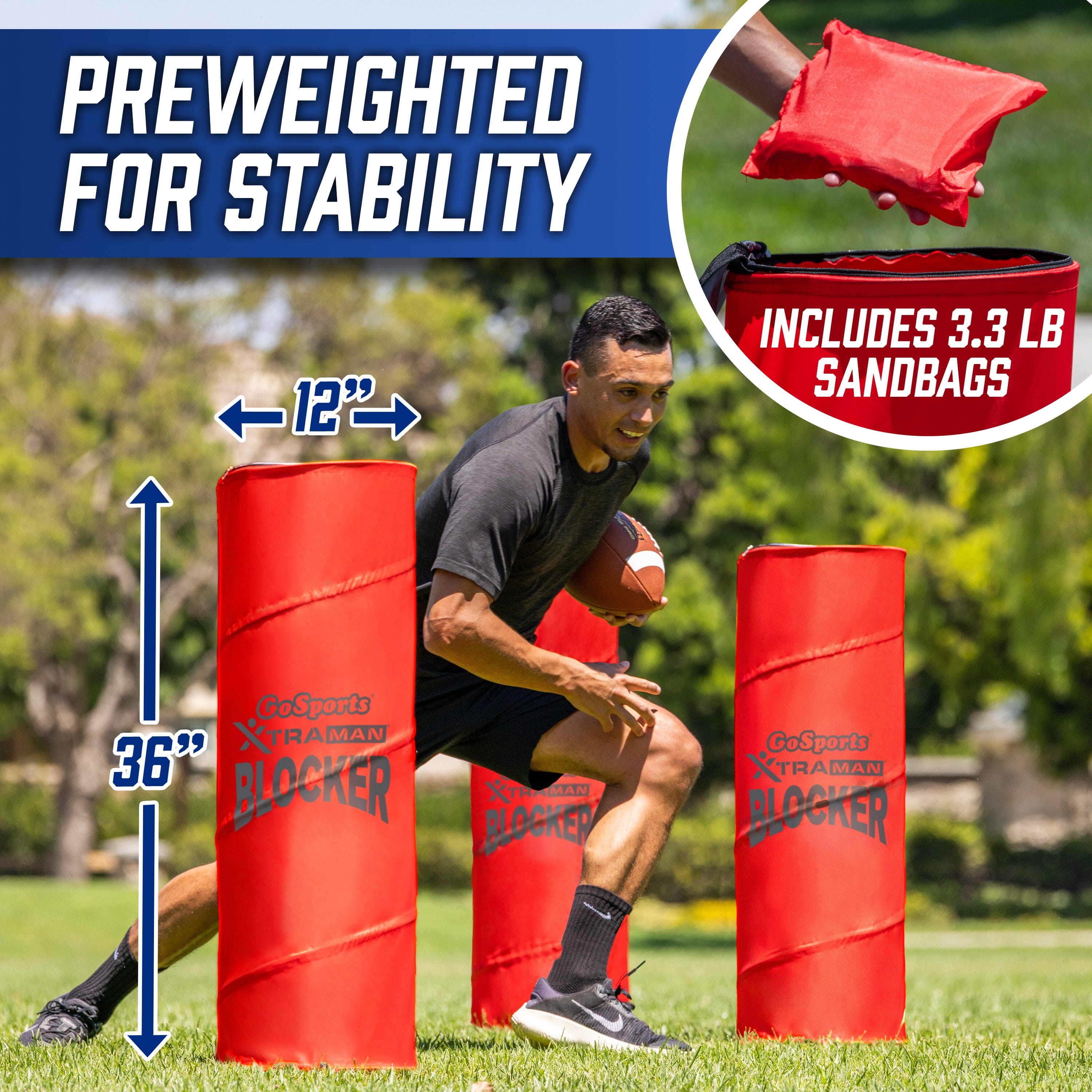 Red sports training blocker with sandbags, man practicing football throws on grass, trees in background. Blocker is preweighted with 3.3 lb sandbags. Dimensions: 12 inches by 36 inches