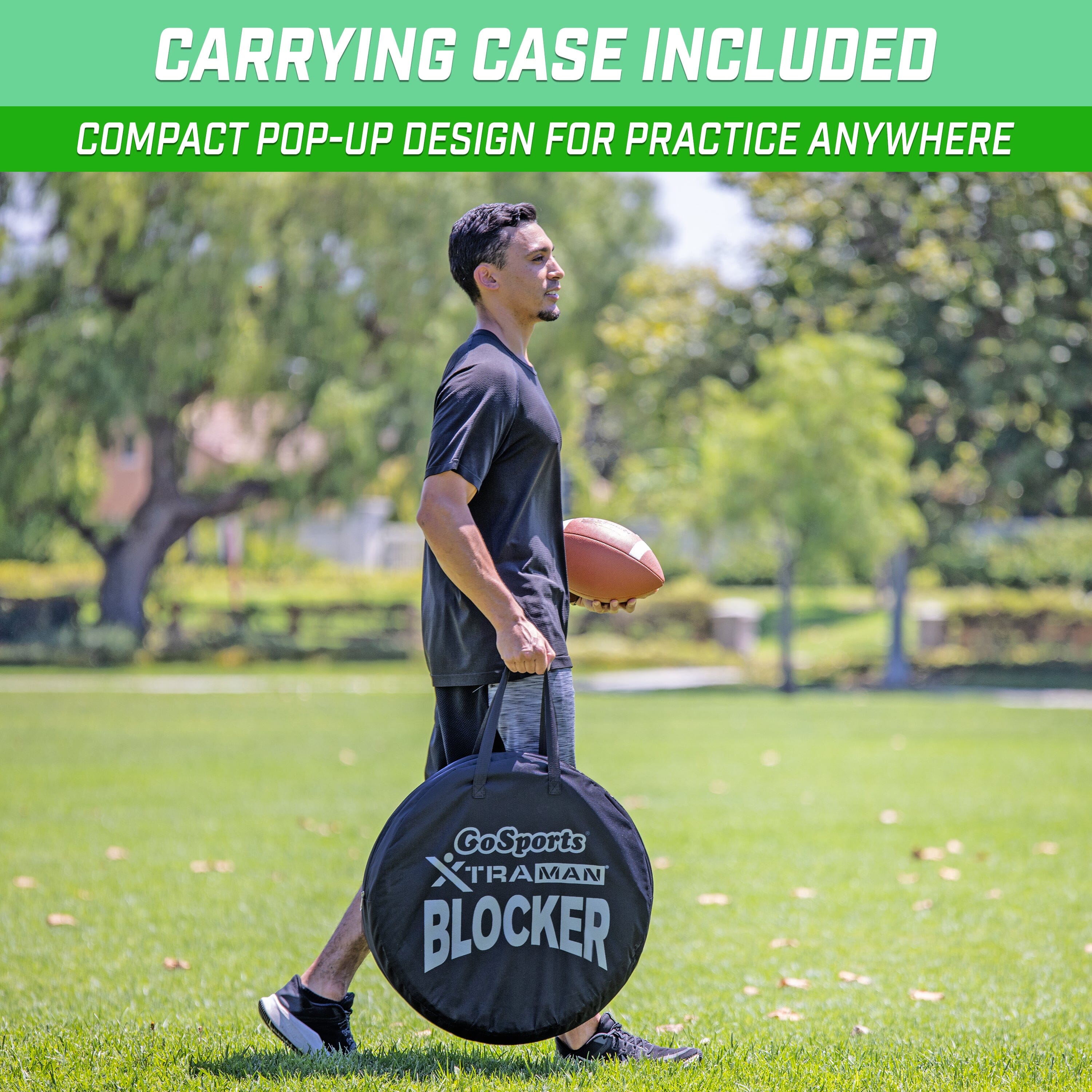 a man holding a bag with the text carrying case included