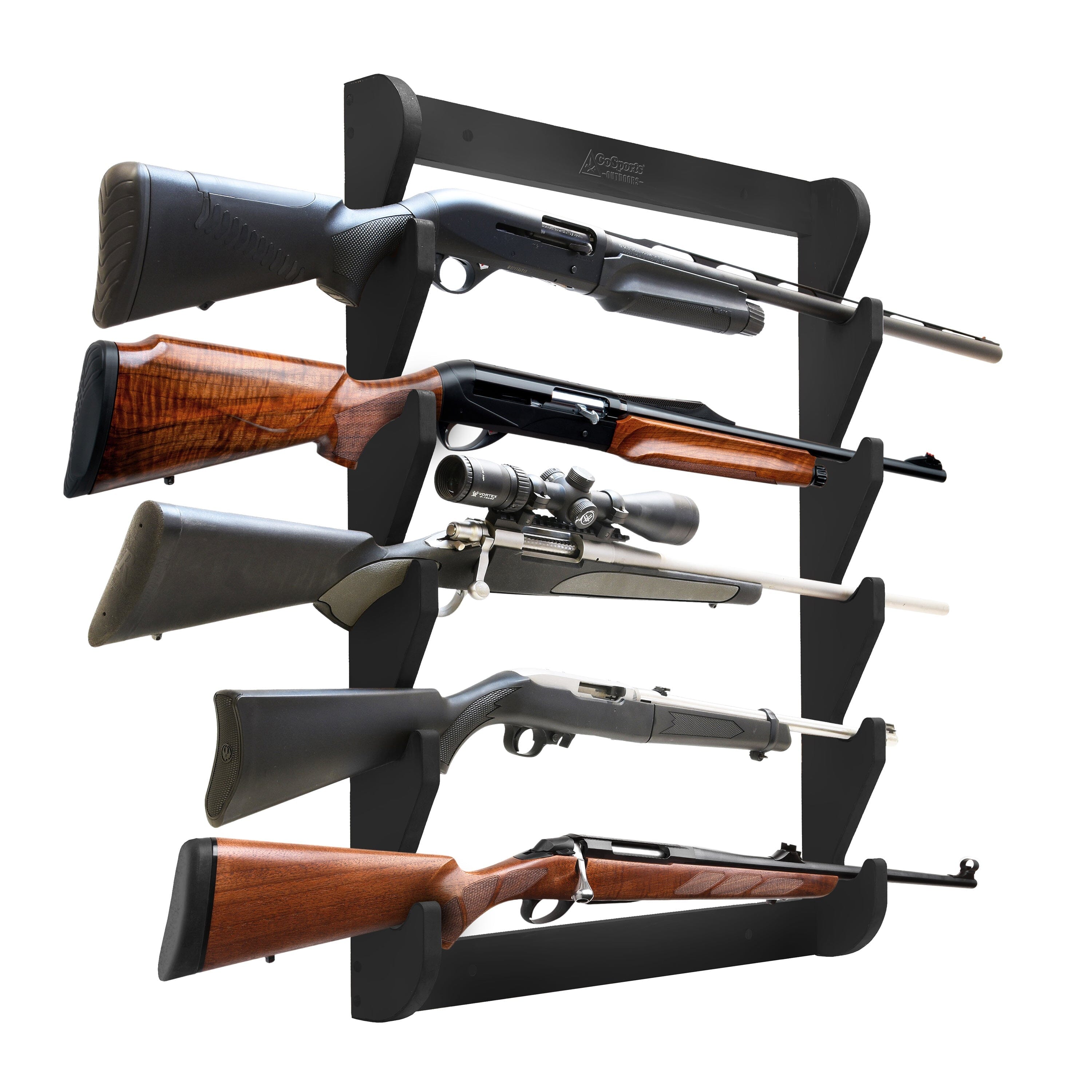 GoSports Outdoors Wall Mounted Firearm Display Rack with Premium Black Painted Pine - Holds 5 Rifles or Shotguns GoSports Outdoors