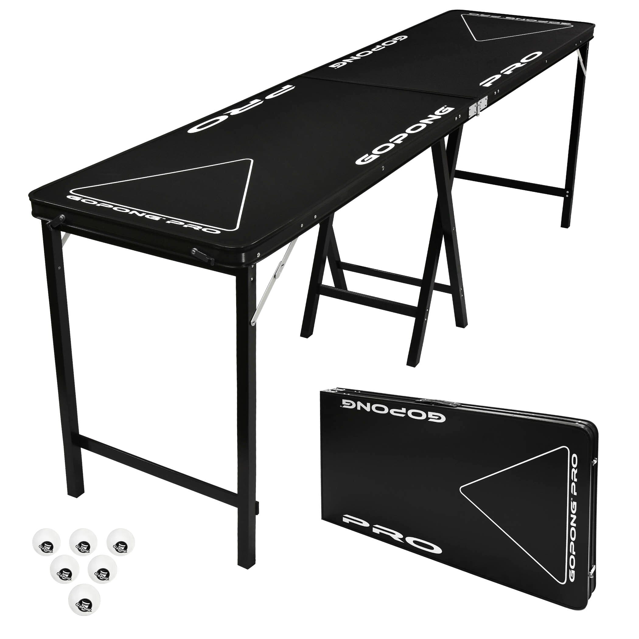 a black table with with GoPong logo 6 small white balls and a folded table with black handle