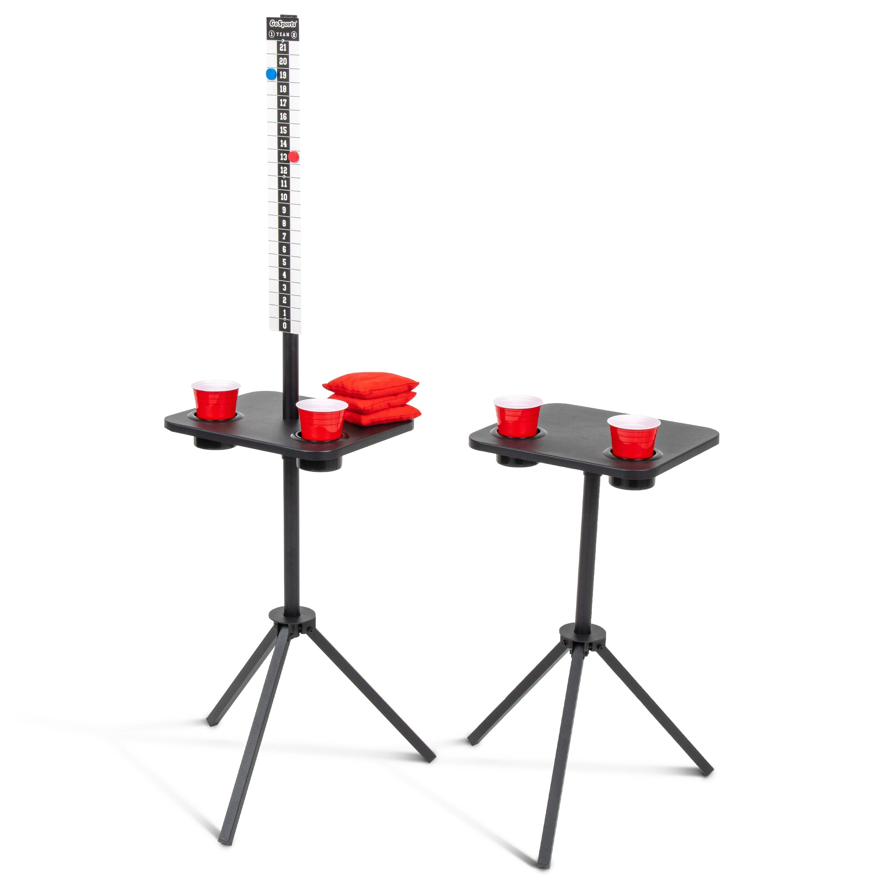 a pair of two black and red stands