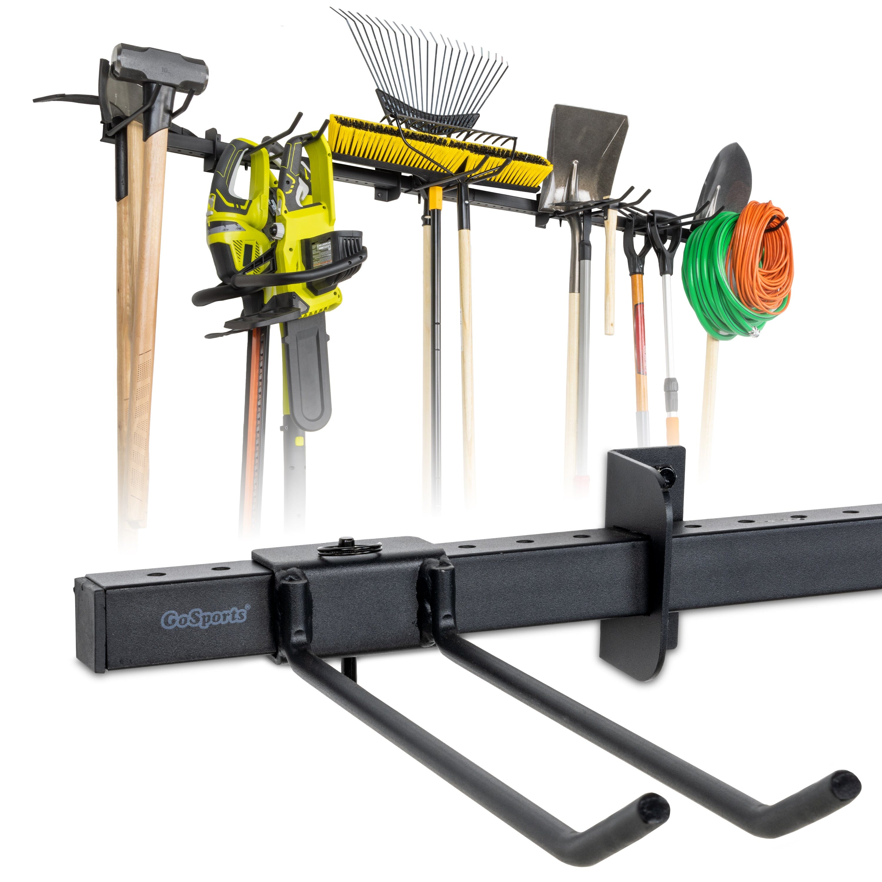 a black and yellow tool rack with tools