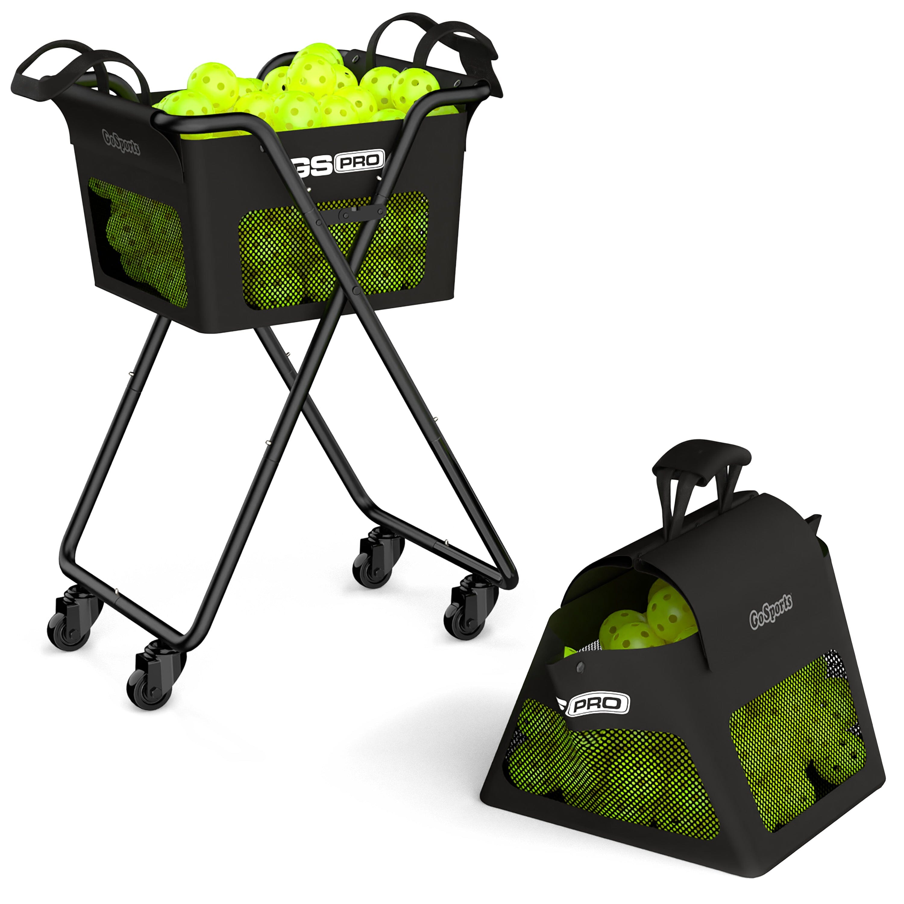 a black cart with two tennis balls in it