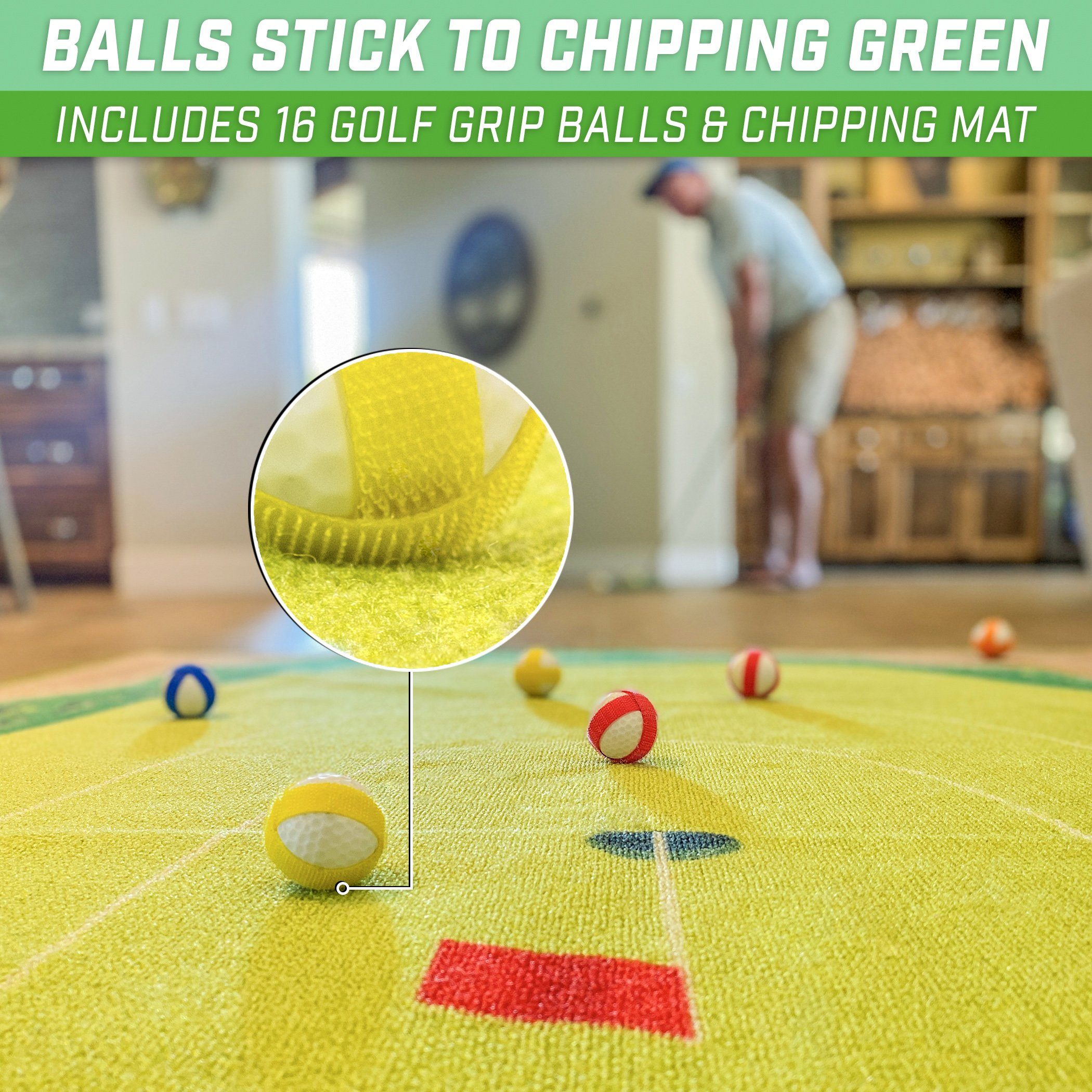 a yellow ball stick on a green surface