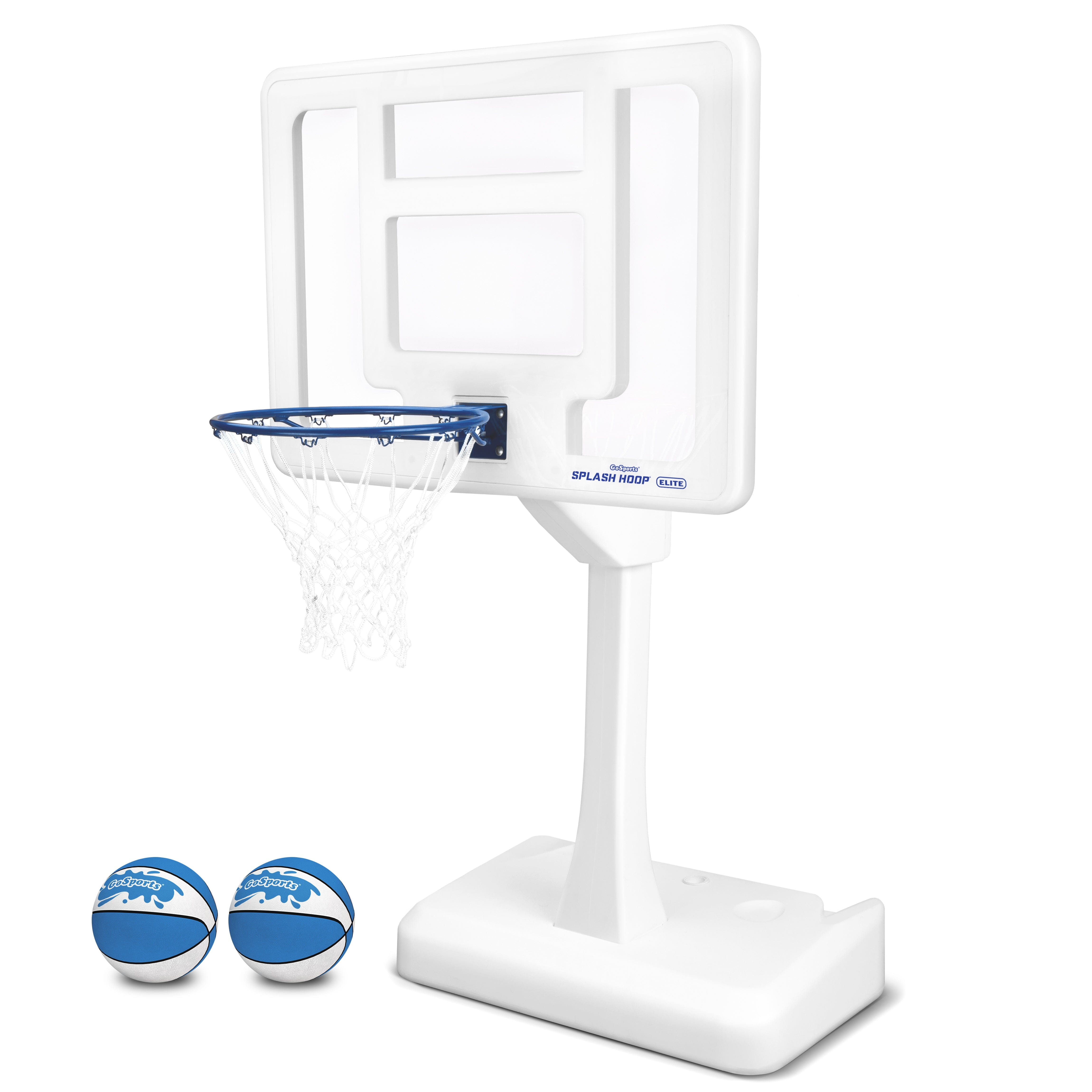 the mini basketball hoop with a pair of blue and white basketballs