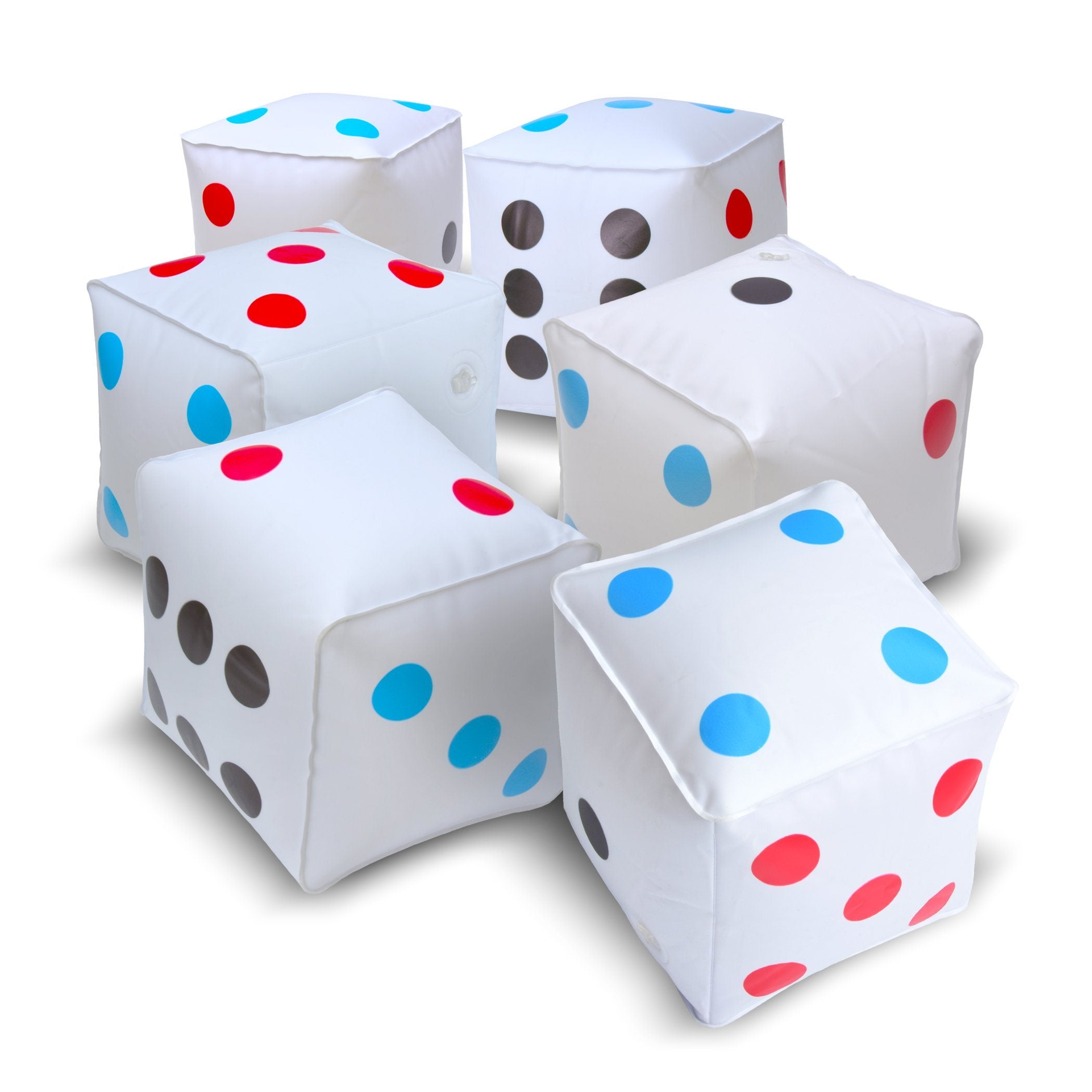 four white cubes with red, blue and black dots