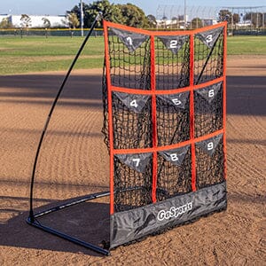 a baseball pitching net with a ball in the middle
