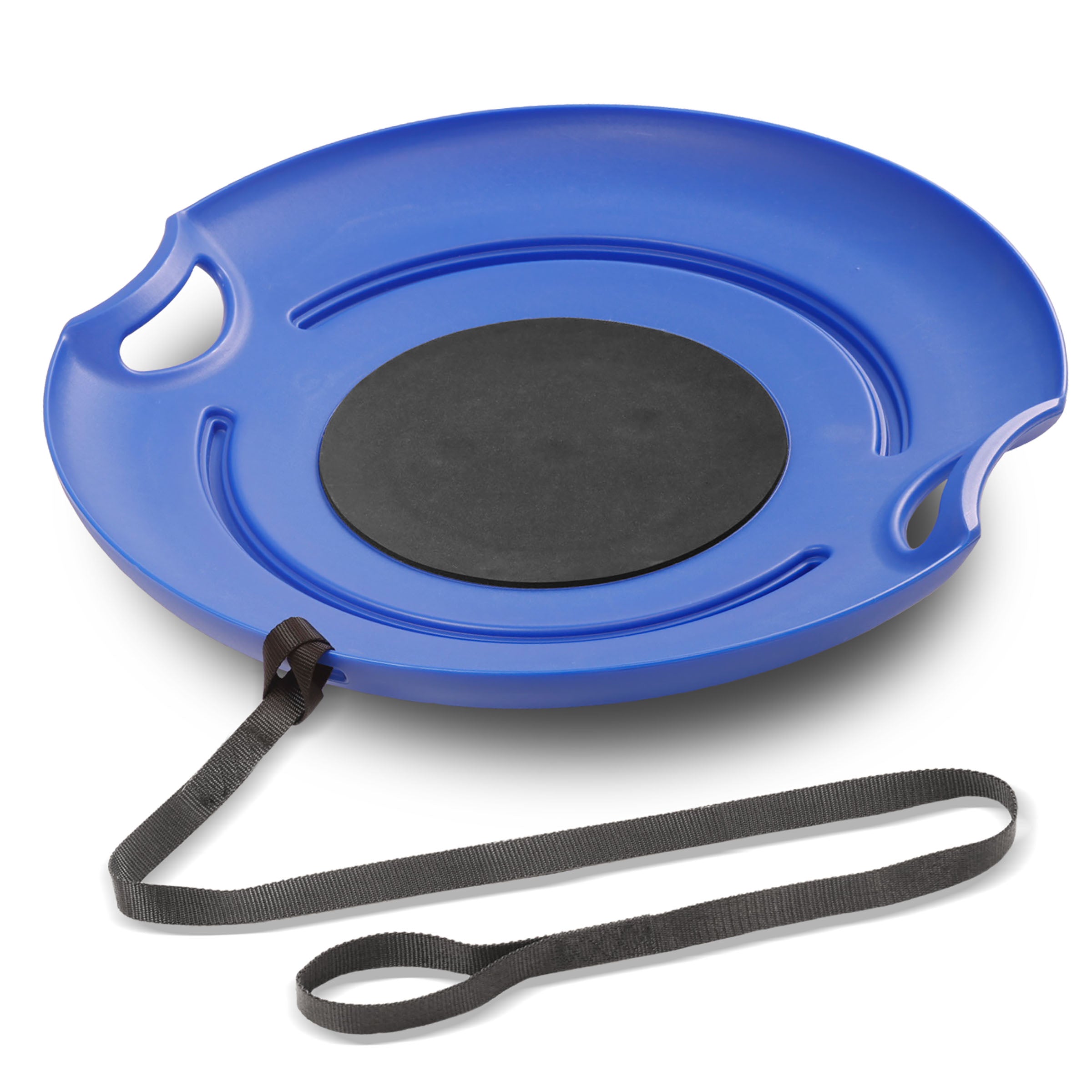 a blue saucer with a black handle