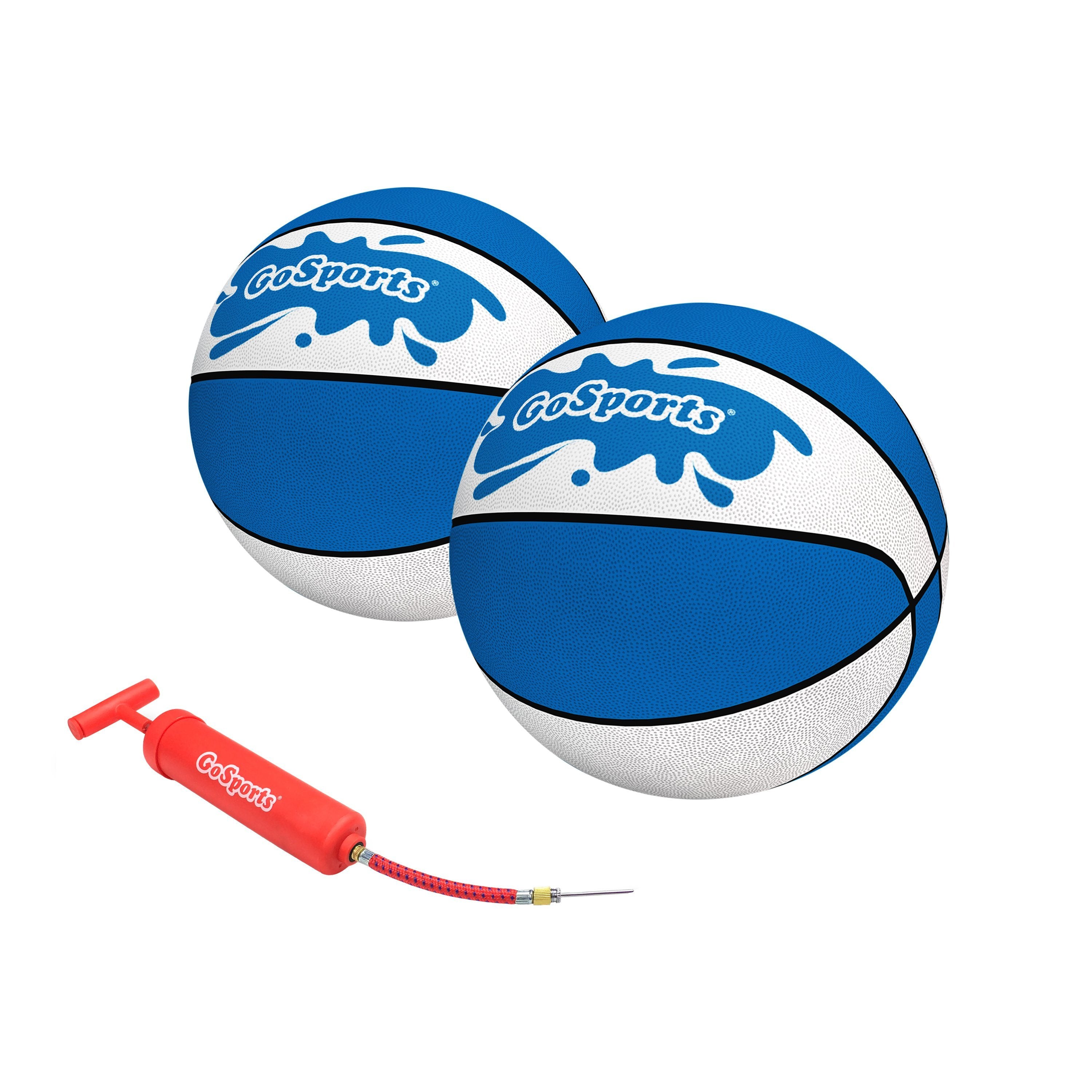 two blue and white basketball balls with a red cord