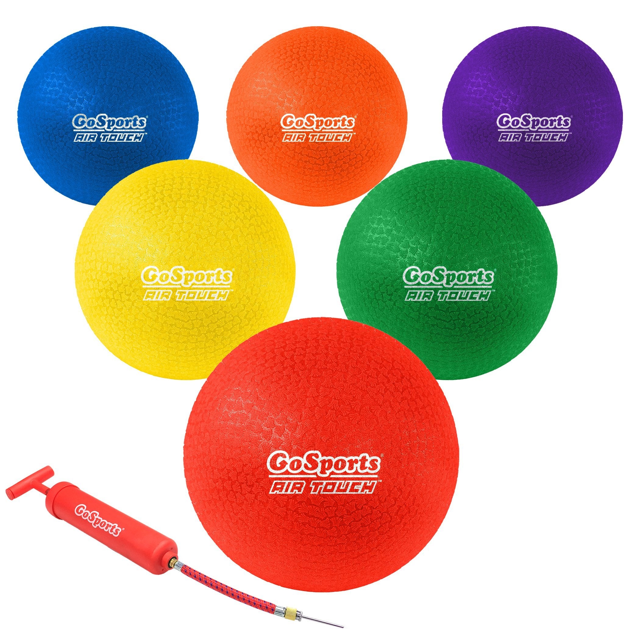 a set of six colorful foam balls with a red, yellow, green, blue, and red