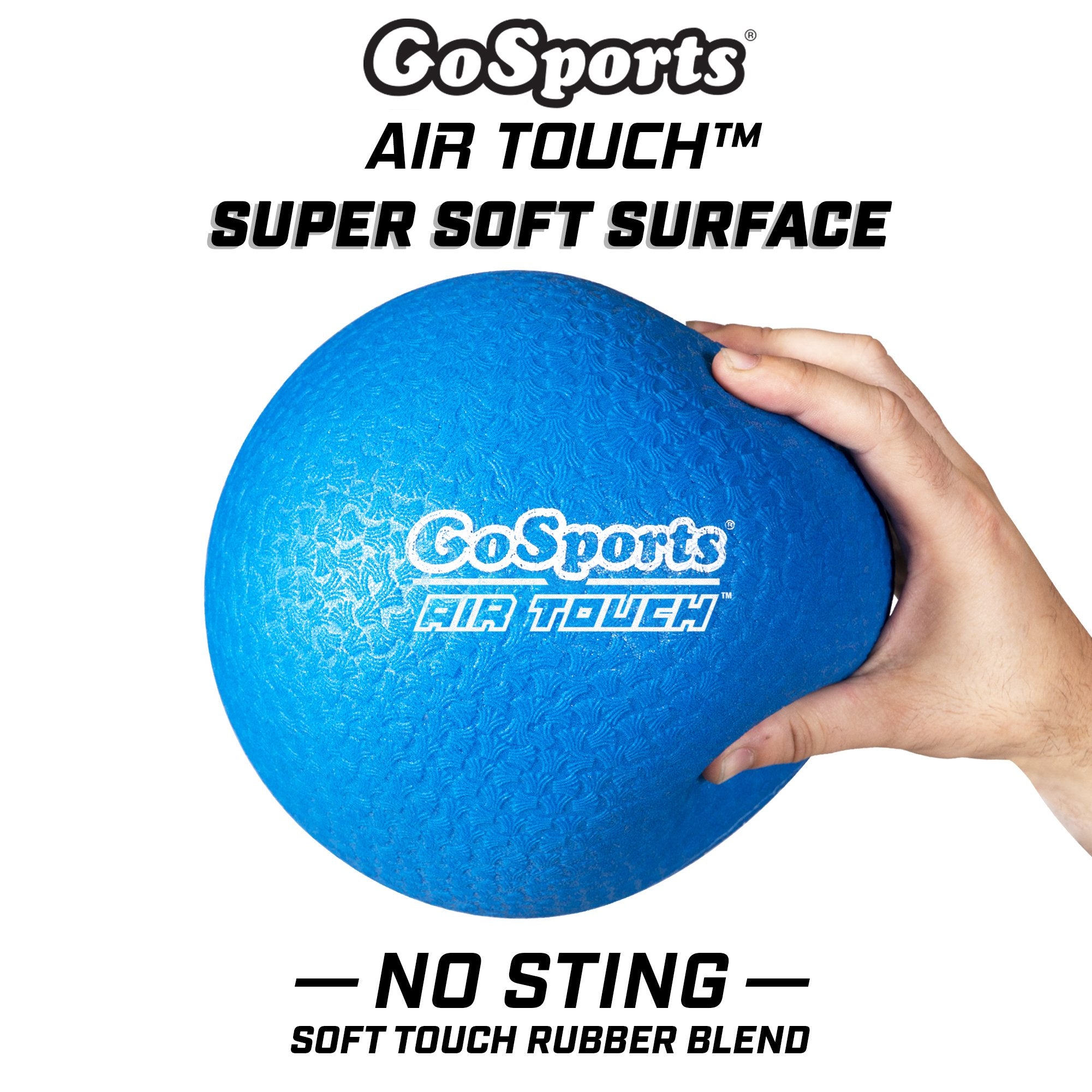 hand squeezing dodgeball words display GoSports Air Touch Super Soft Surface No Sting Soft Touch rubber blend
