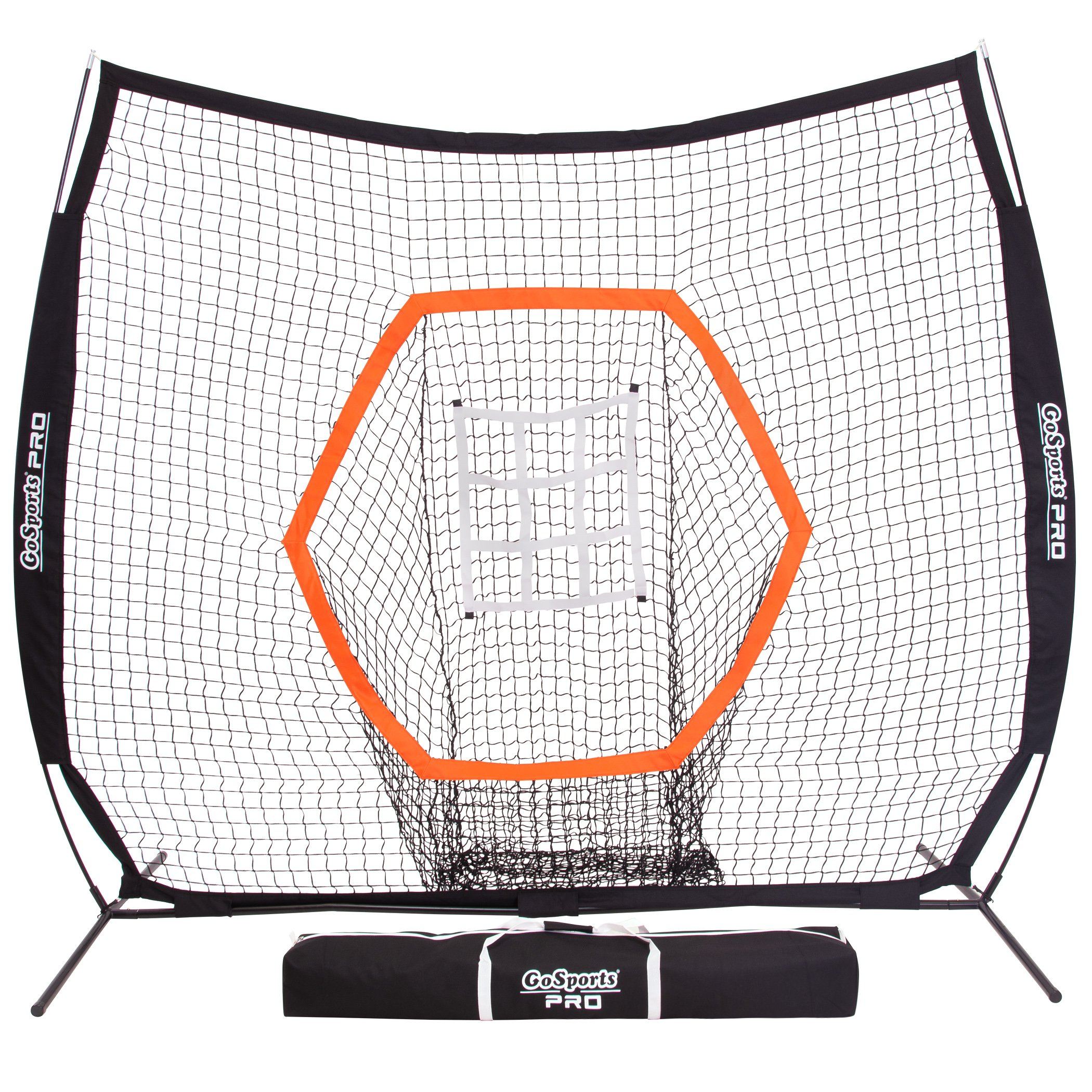 the baseball hitting net with a black net and orange trim