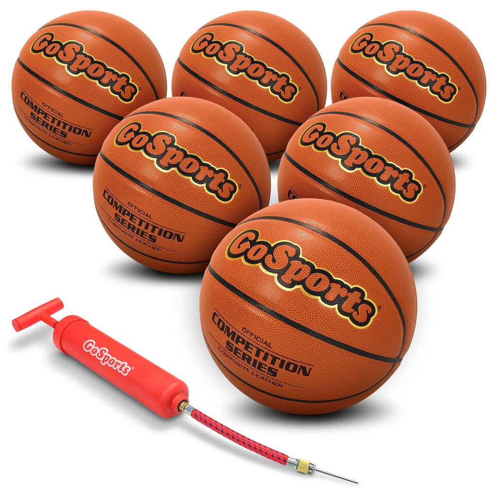 GoSports Indoor Synthetic Leather Competition Basketball 6 Pack with Pump and Carrying Bag - Size 7 Basketball playgosports.com 
