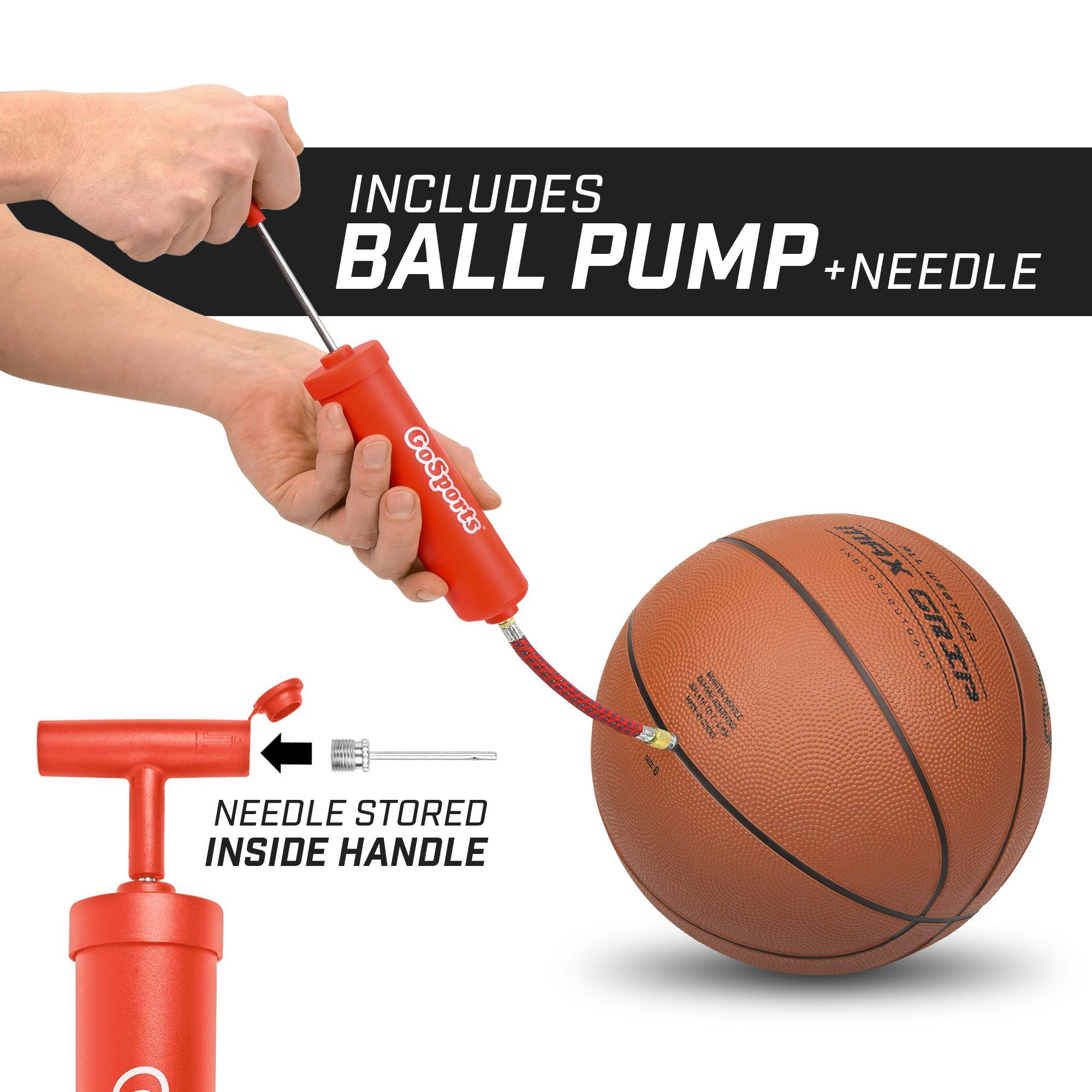 a hand holding a basketball ball with a pump