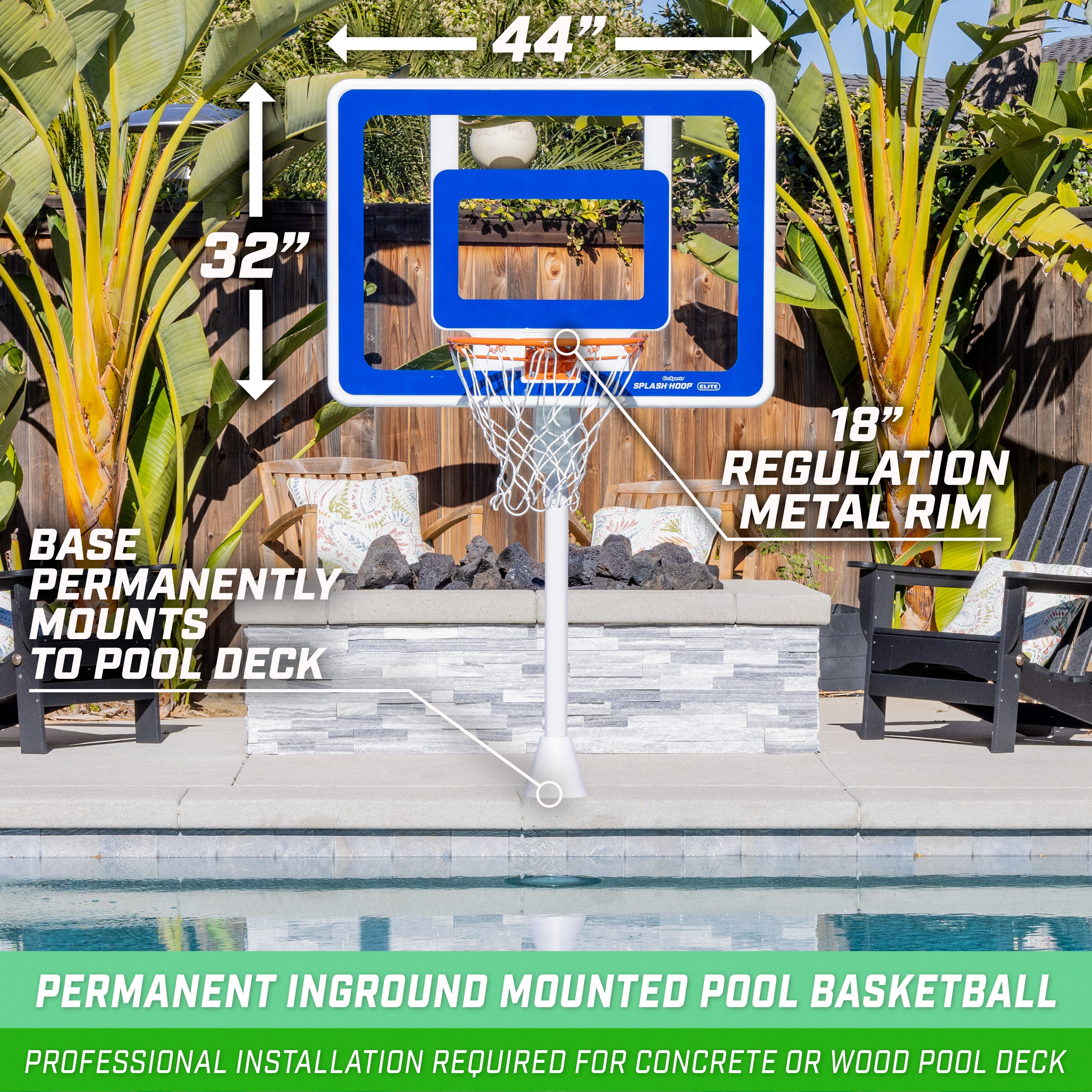 a pool basketball hoop with a basketball net