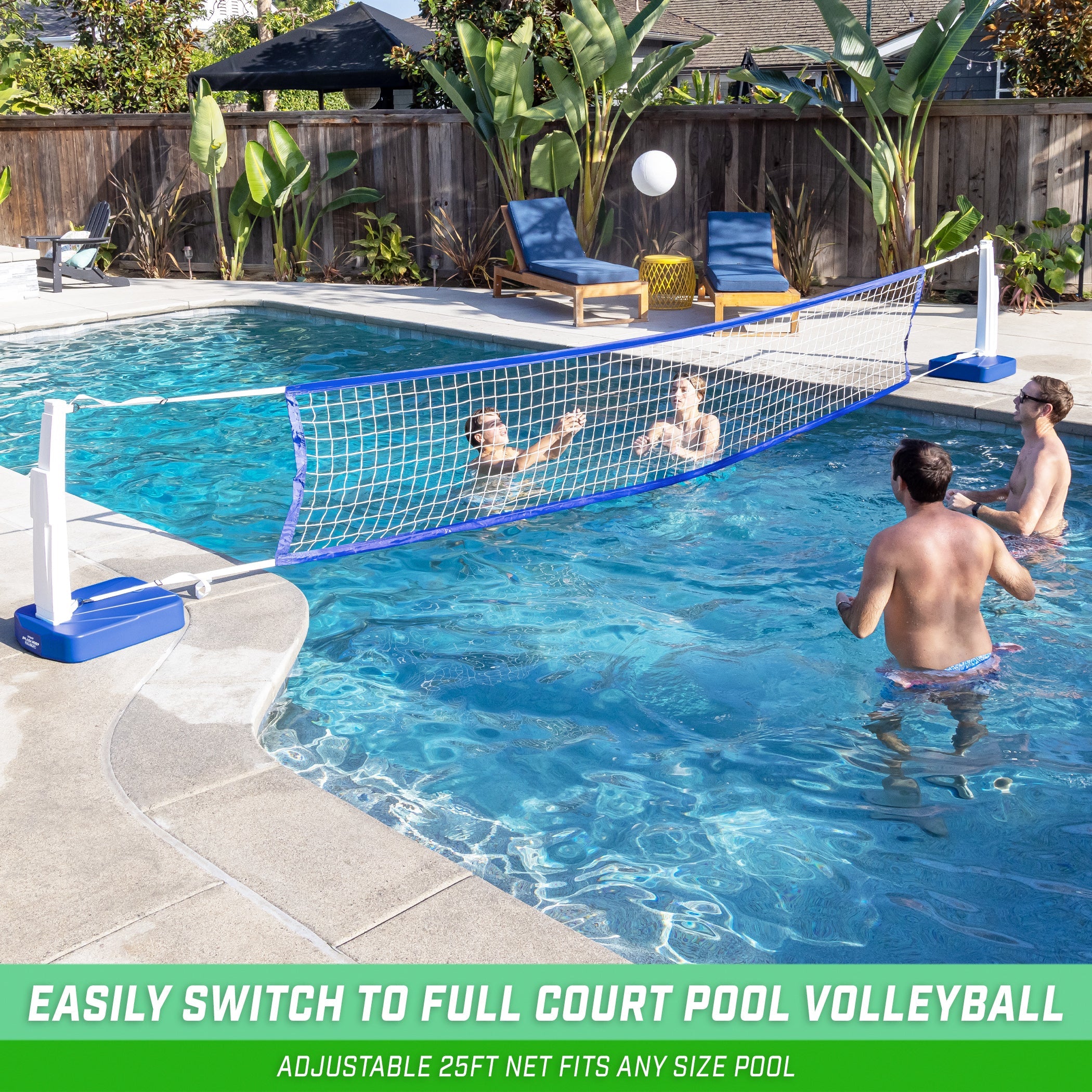 a couple of people playing volleyball in a pool