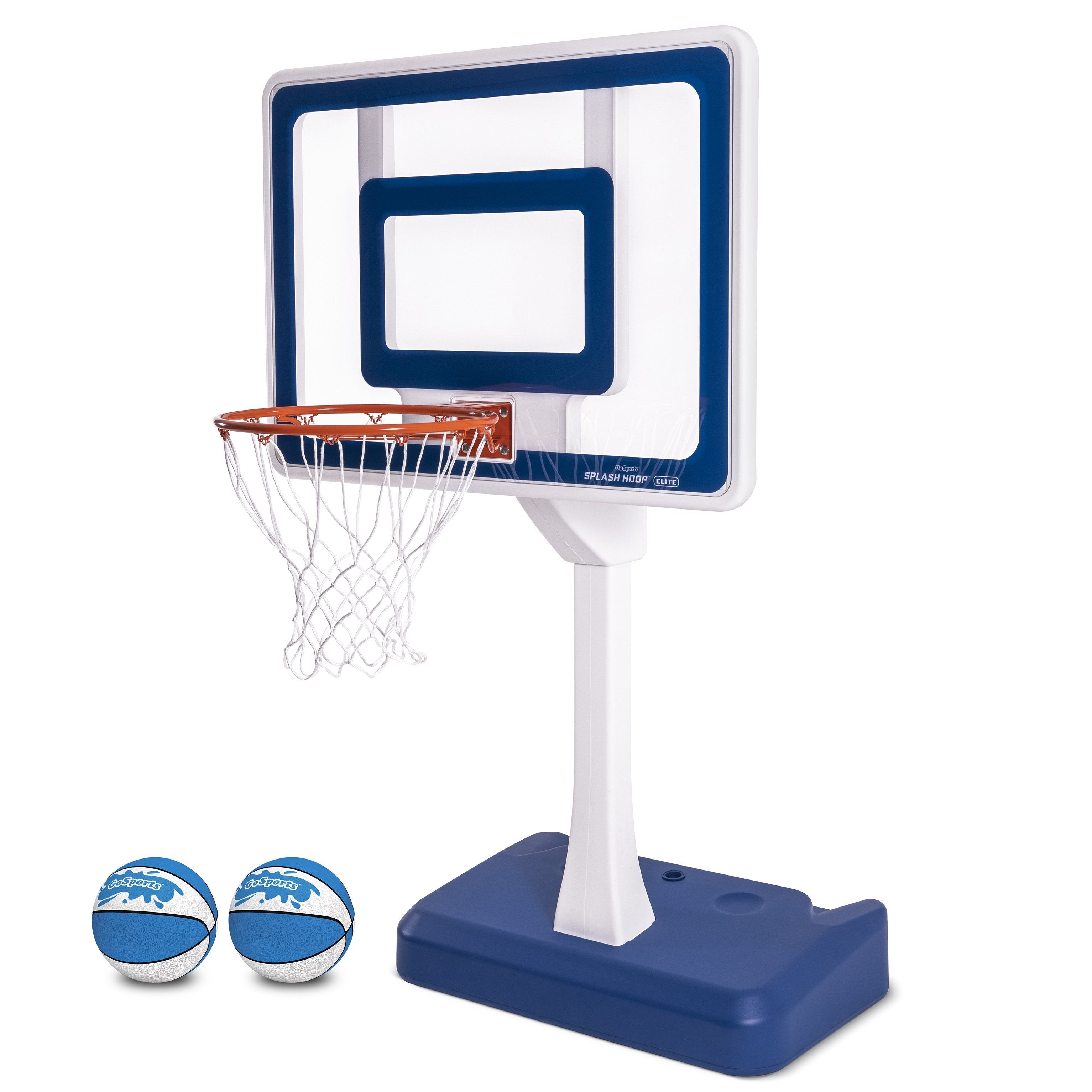 a basketball hoop with a pair of blue shoes