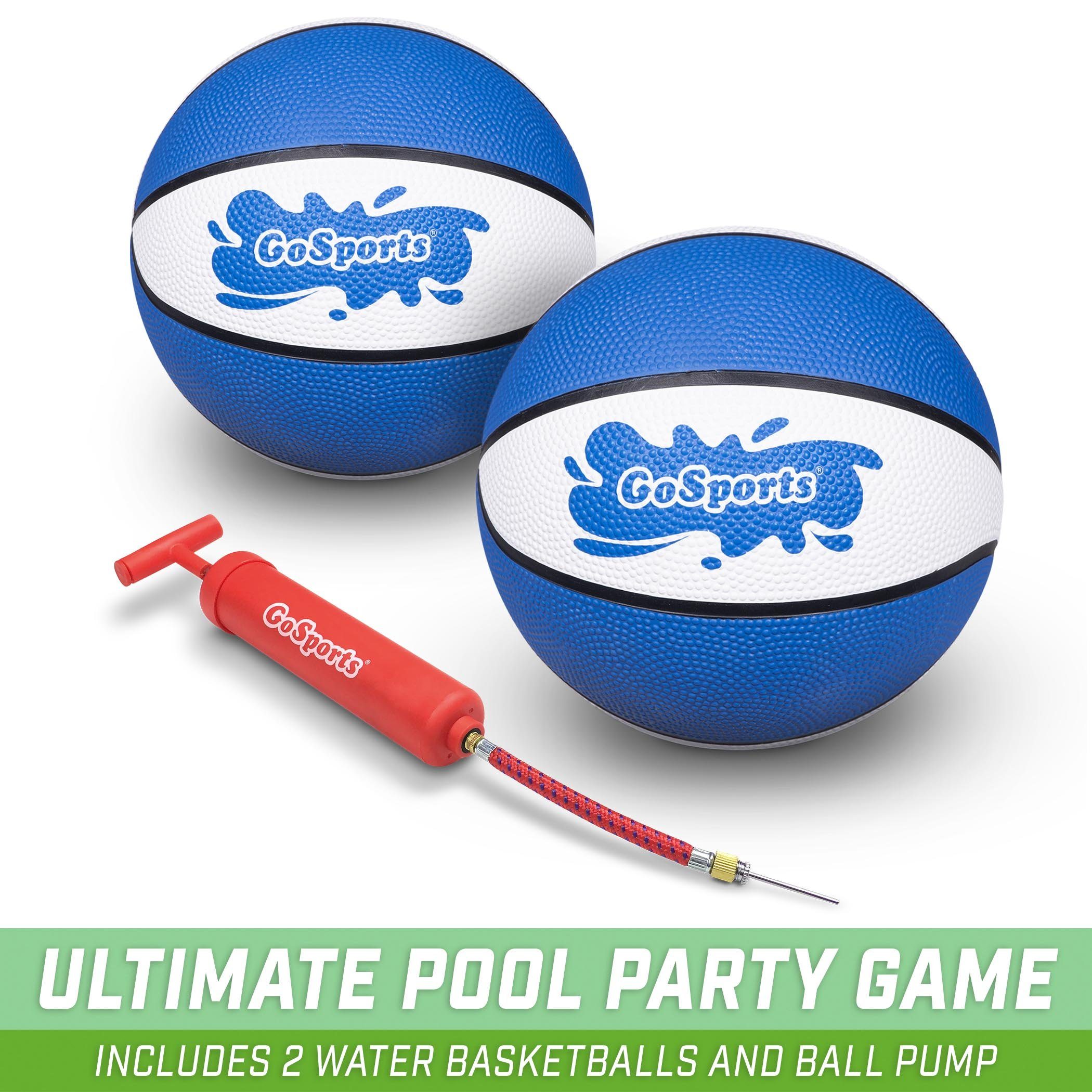 2 red small basketball red air pump word display 'ultimate pool party game includes 2 water basketballs and ball pump'