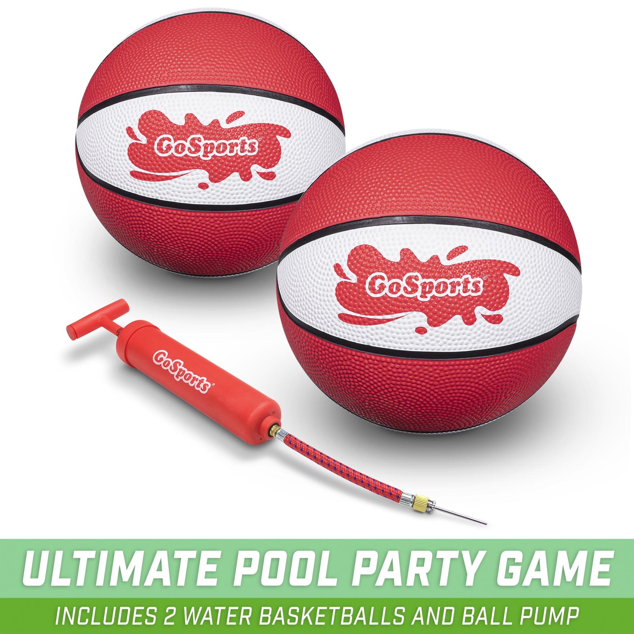 2 red small basketball red air pump word display 'ultimate pool party game includes 2 water basketballs and ball pump'