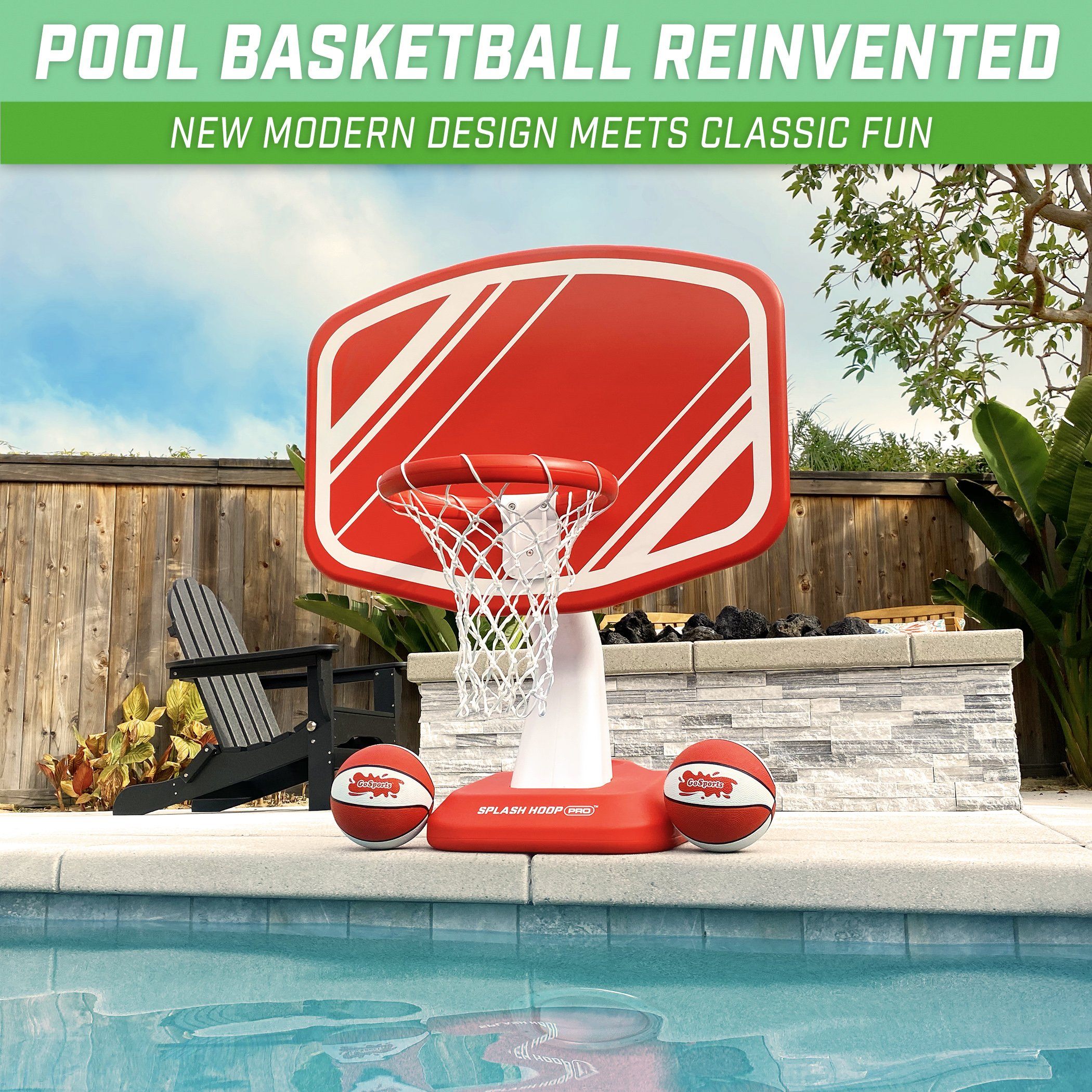 a pool basketball game with a red and white basketball hoop