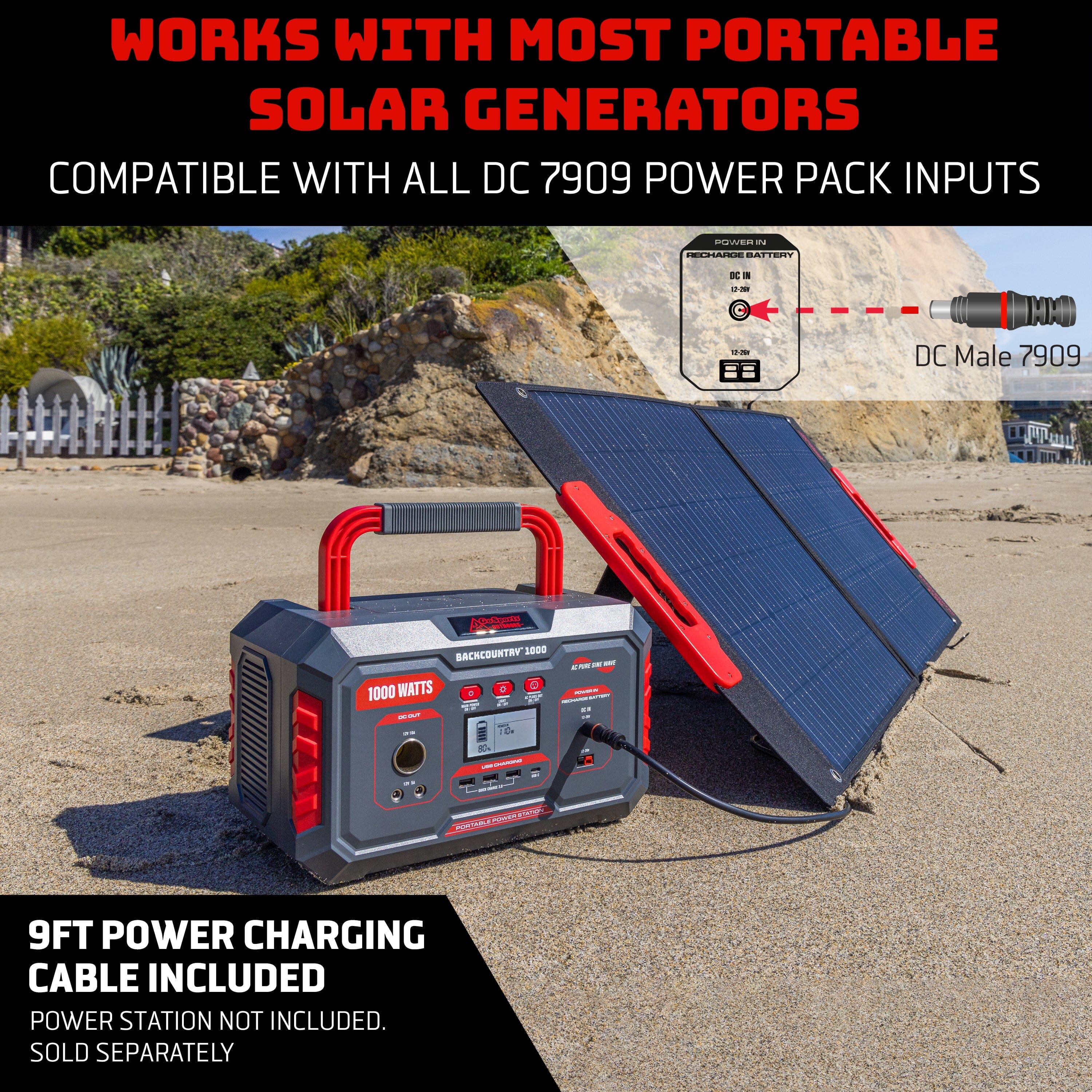 a solar powered generator with the text 'works with most portable solar generators DC 7909'