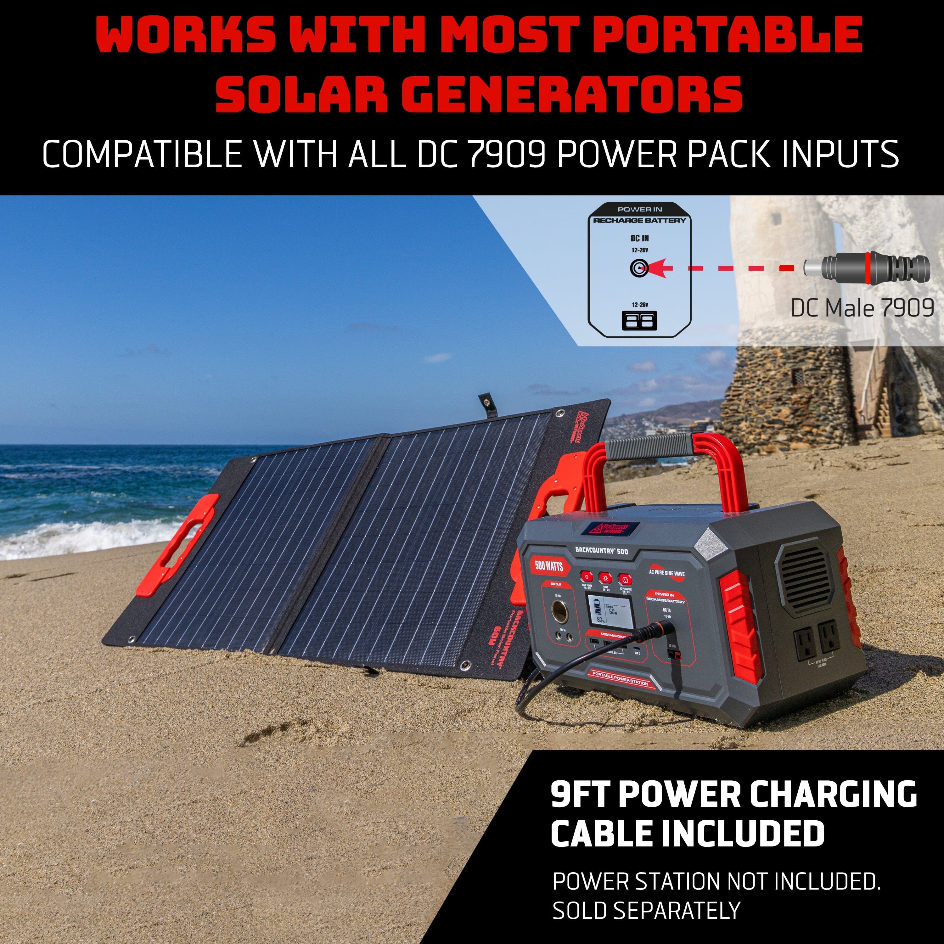 a portable generator on the beach with the text 'works with most portable solar generators DC7909'