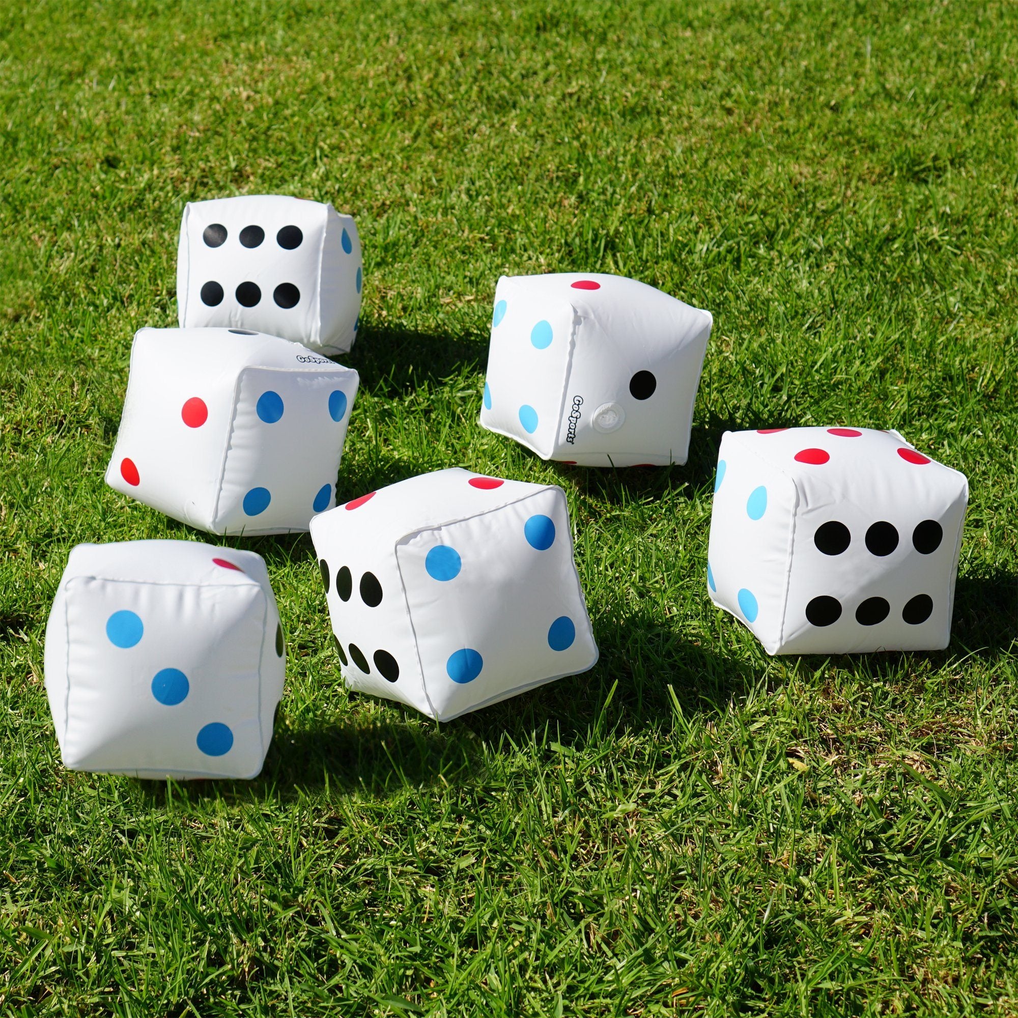 a group of dices sitting on top of a green field