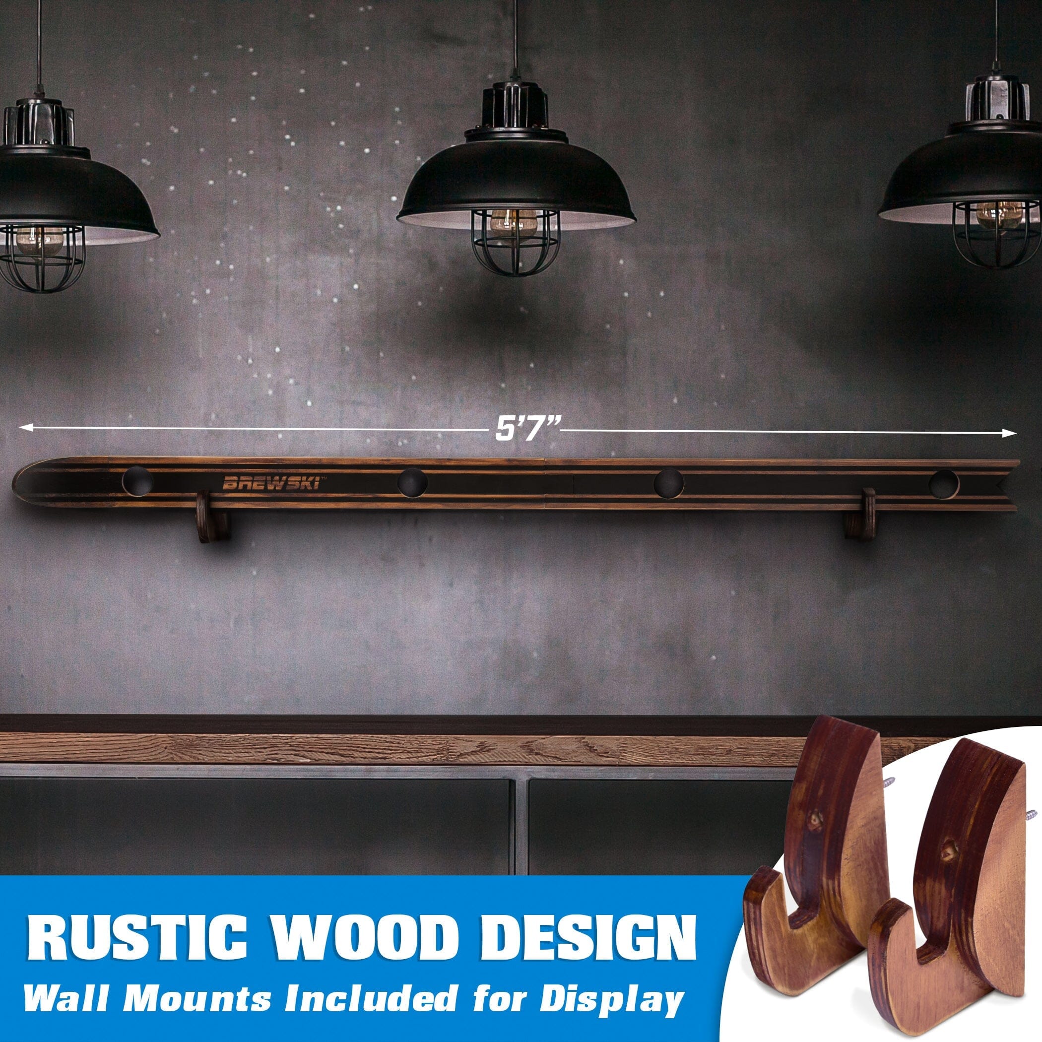 a wooden shelf with three lights above it