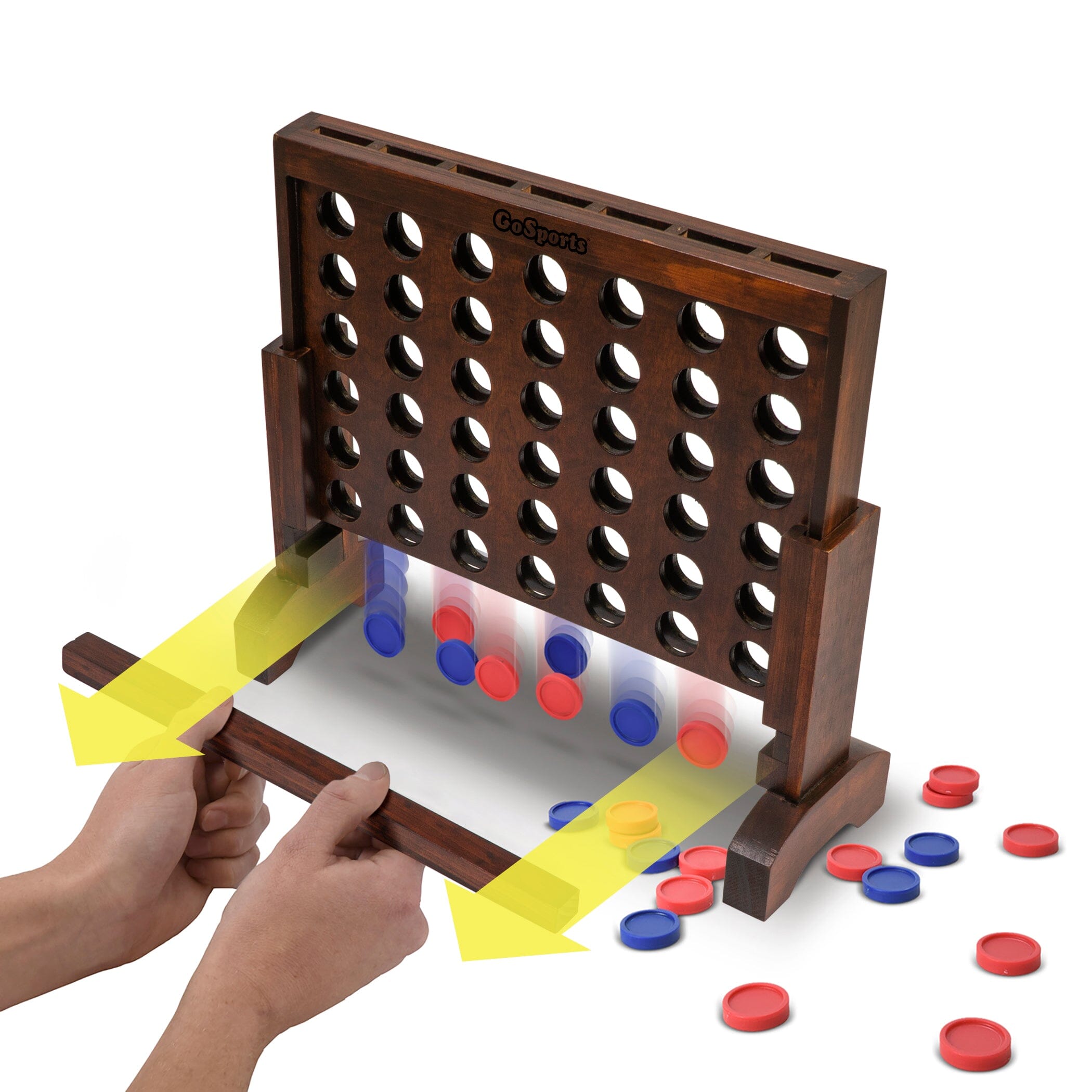 a person is placing a game board with red and blue circles
